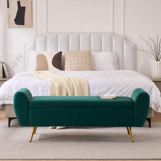 AIITTCC Storage Bench for Bedroom, 57" Extra Long Bench for King Size Bed, Modern Upholstered End of Bed Ottoman Bench with Arms for Entryway Living Room (Velvet, Green)