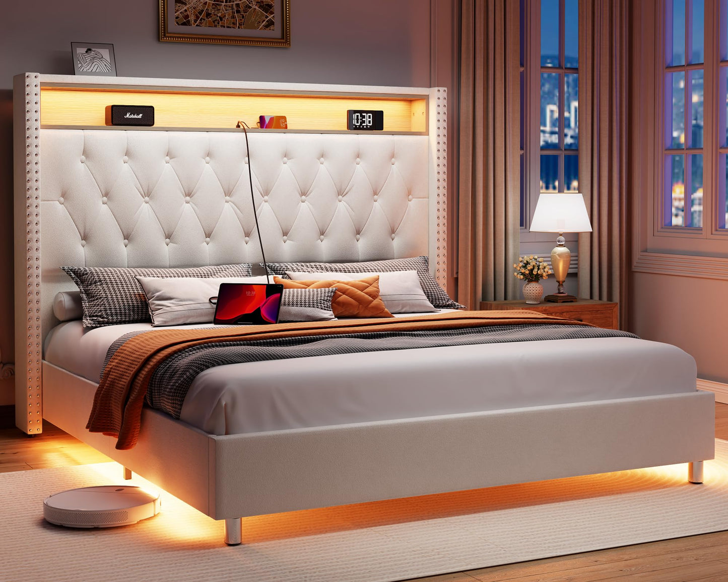 Jocisland Queen Size Bed Frame 53.6'' Tall Headboard LED Lights and Charging Station, Velvet Hign Upholstered Platform Bed Wingback Storage, No Box Spring Needed, Motion Activated Light, Light Cream