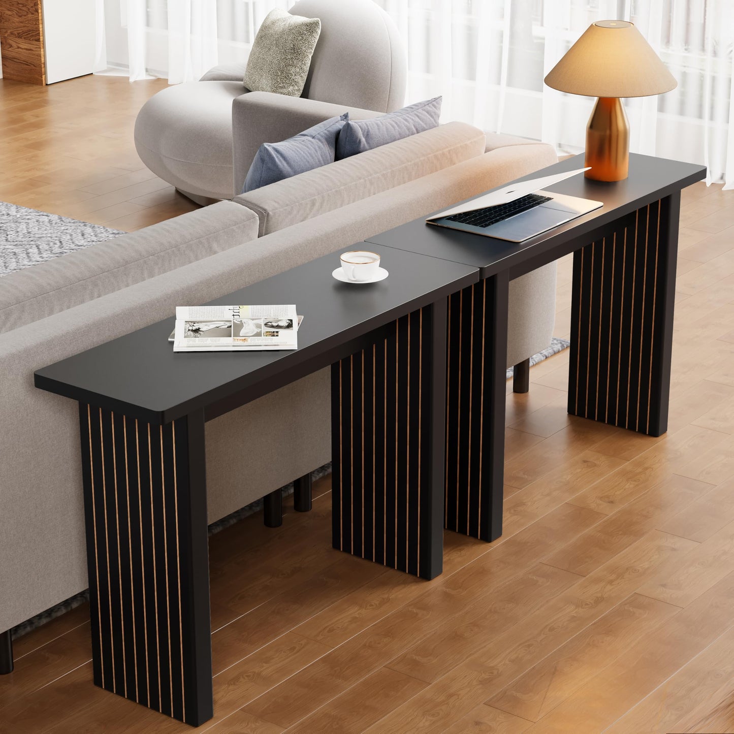 RUSTYER Fluted Entryway Console Table, Wooden Rectangular Sofa Table for Entrance, Narrow Wood Entryway Small Long Entry Table for Hallway, Living Room (Black)