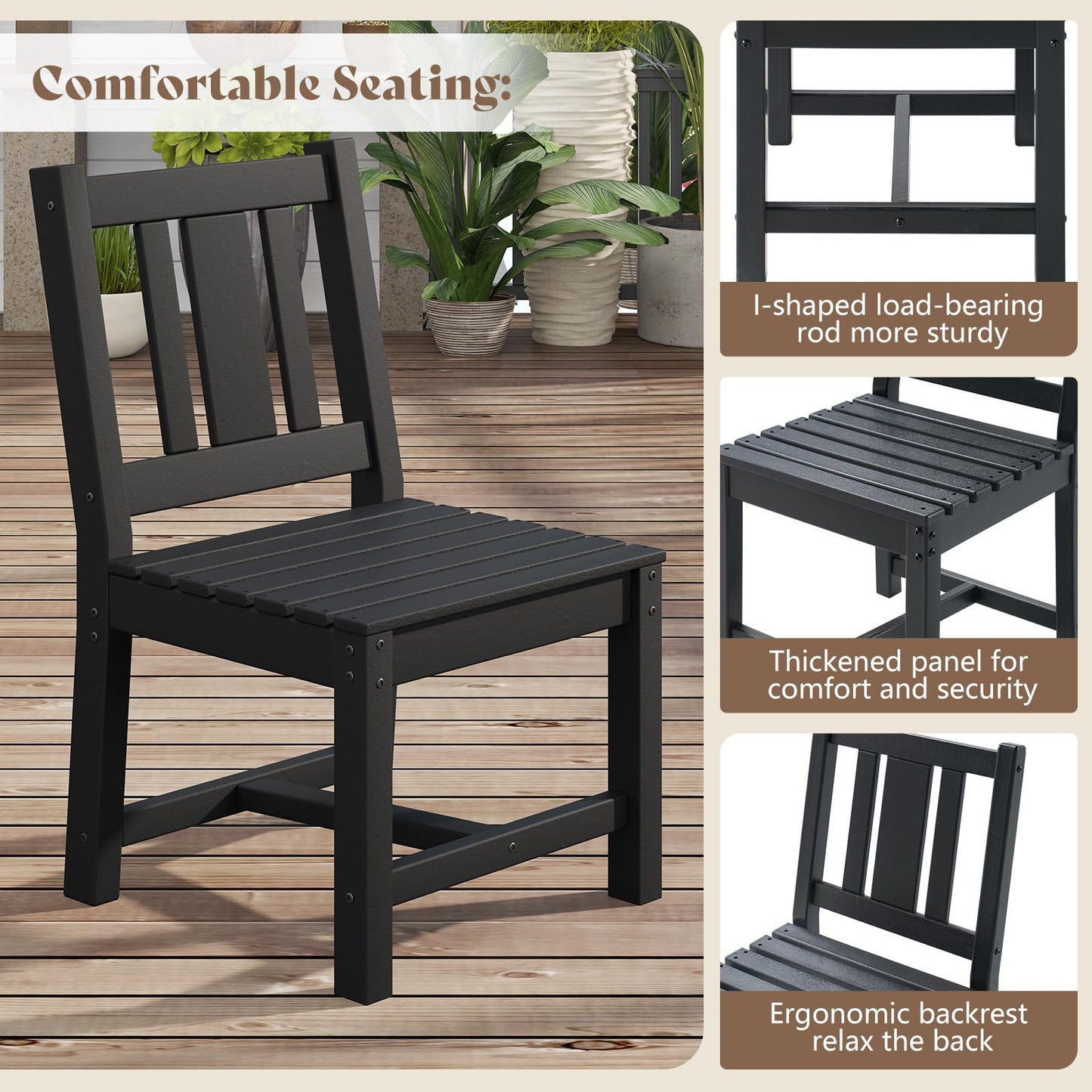 AMERLIFE 5 PCS Outdoor Dining Set with 4 Chairs, 36.8'' HDPE Outdoor Table and Chairs, Patio Dining Table Set with Umbrella Hole for Garden, Backyard and Poolside, Black