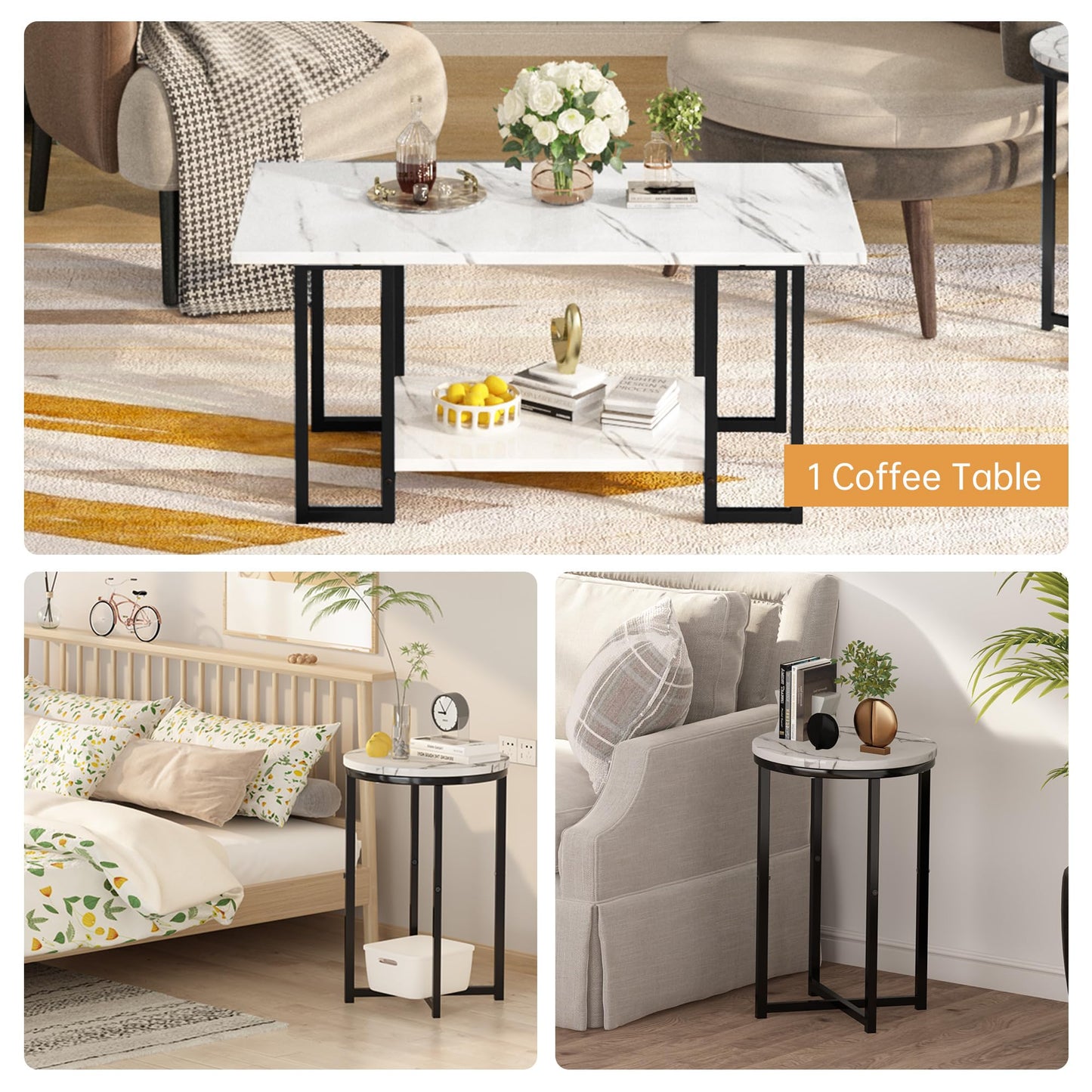 Lamerge 3 Pieces Living Room Table Set, Faux Marble Coffee Table with 2 Round End Side Tables, Coffee Table Set with Metal Frame for Apartment Home Office, White Black