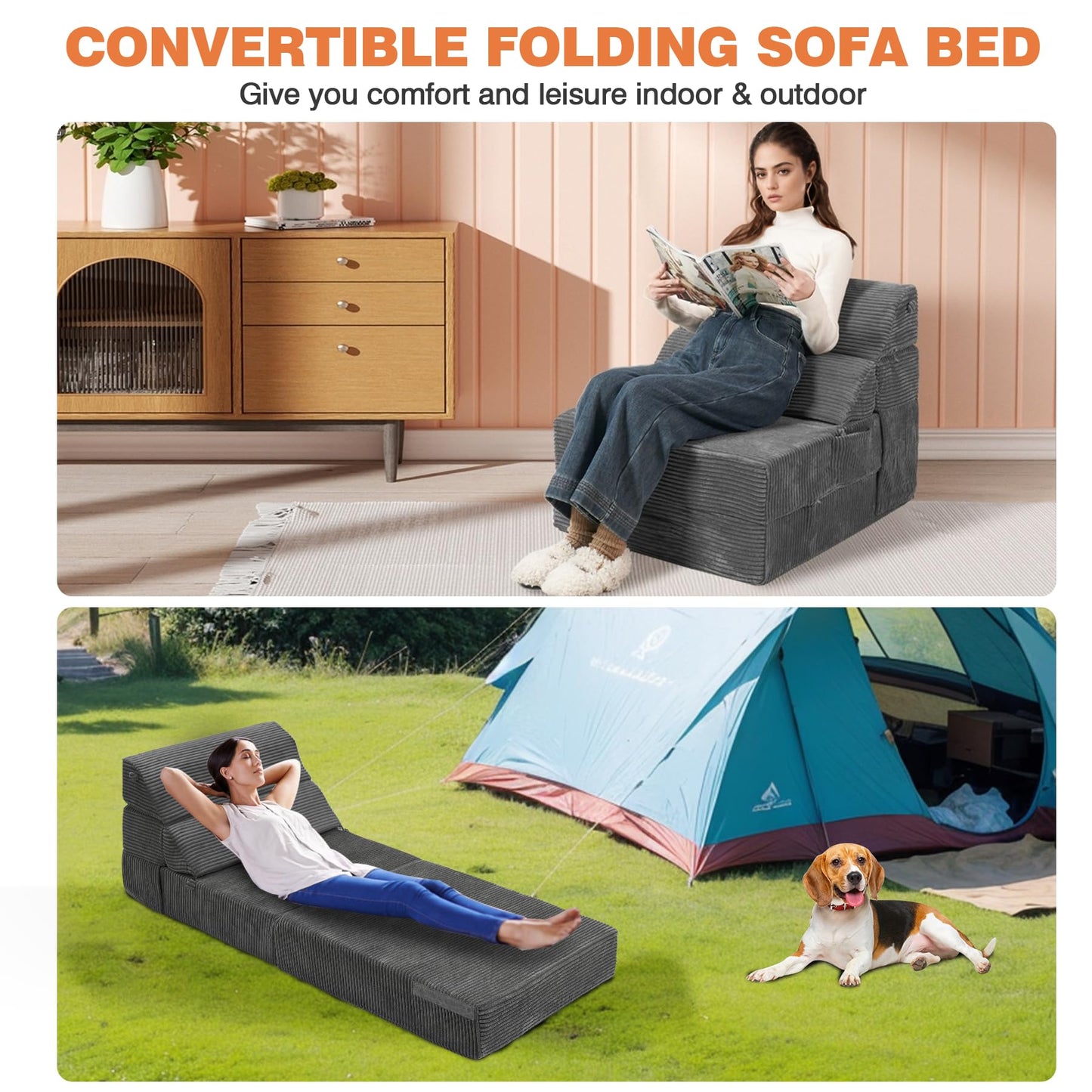 LitaiL Comfy Folding Sofa Bed - Dark Grey Convertible Sleeper Sofa Fold Out Sleeper Chair Couch for Living Room Bedroom Guest, Foldable Floor Chair Corduroy Lounger Mattress with Back Support