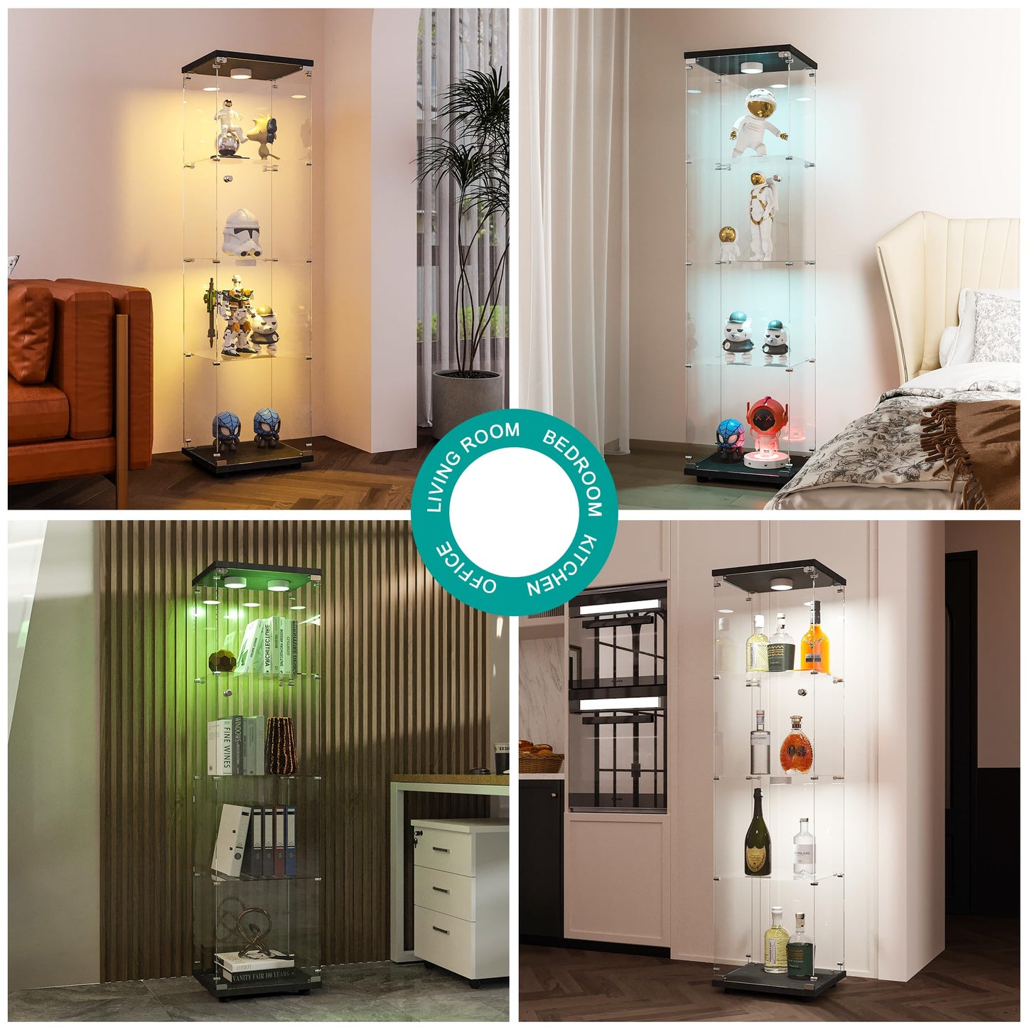 FANYUSHOW Display Cabinet with Glass Door and LED Light, 4-Tier Tempered Glass Display Shelf, Glass Curio Cabinet Collection Display Case, Black 64.7" H x 16.7" L x 14" W
