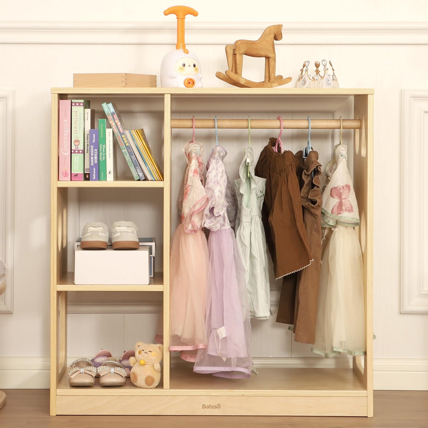 Bateso Kids Dress Up Storage for 1-3 Years Old Boys and Girls, Wooden Kids Wardrobe with Open Hanging Costume Area and Stroage Shelves, Baby Closet Organizer Center for Bedroom, Playroom