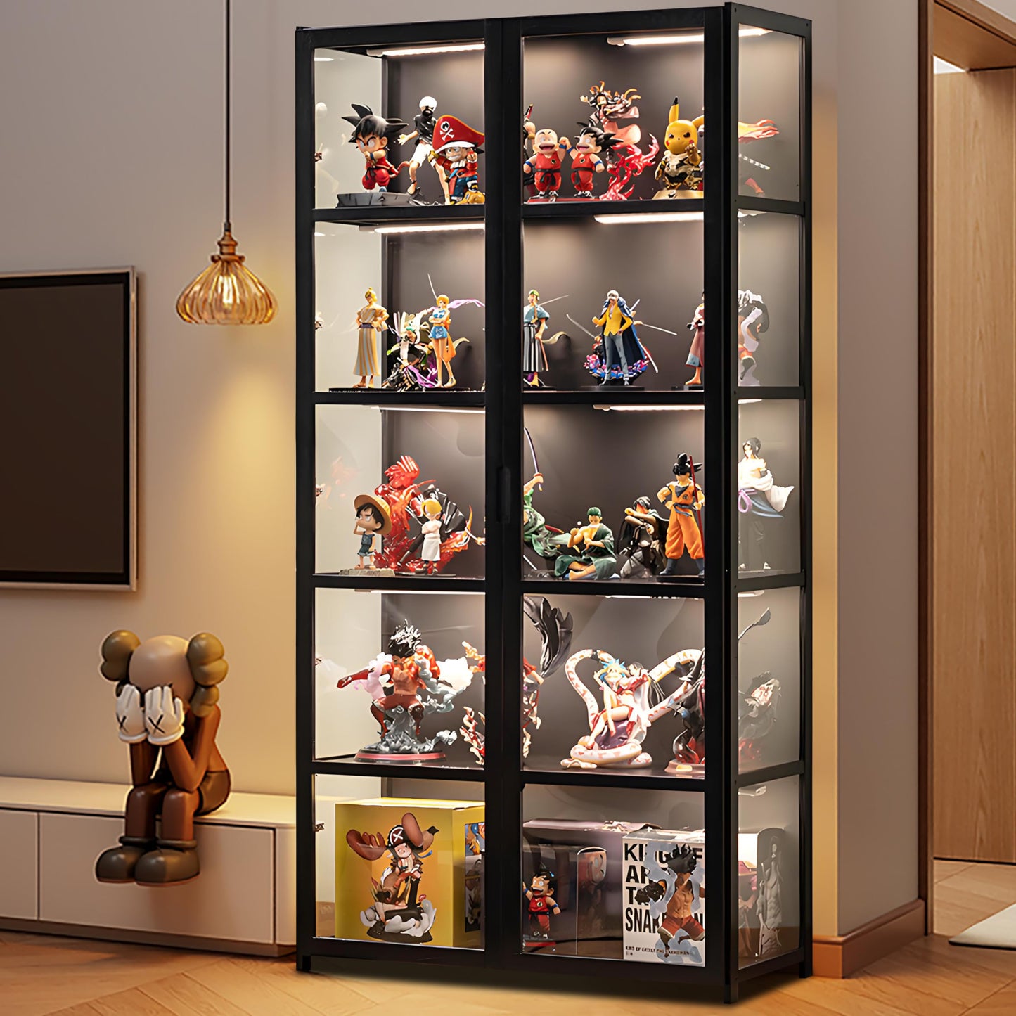 QOEUDD Display Cabinet with Acrylic Glass Door, 5 Tier Curio Display Case, Collectibles Toy Organizers Rack & Display Shelf, Kids Bookcase for Bedroom, Reading Nook, Toddler's Room, Bamboo