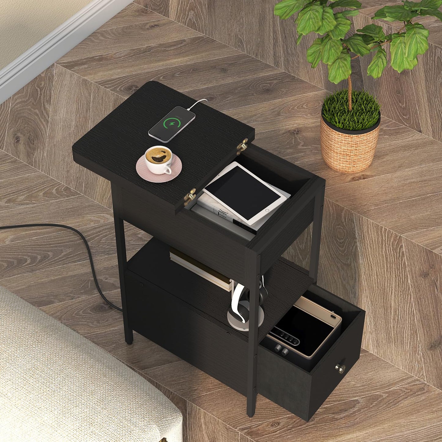 SOOWERY End Table with Charging Station, Narrow Side Table with Flip Top Cabinet and Fabric Drawer, Nightstand Bedside Tables for Small Spaces, Bedroom, Living Room, Black
