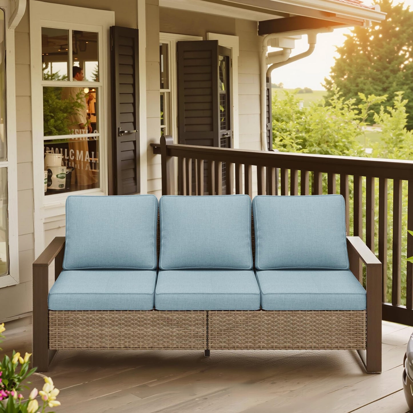 MeetLeisure 75" Patio Metal Wicker Sofa, All Weather Outdoor Rattan 3-Seat Sofa Couch with Premium Cushions & Rectangular Framed Wood-Looking Metal Armrest for Garden Backyard Porch Deck, Baby Blue