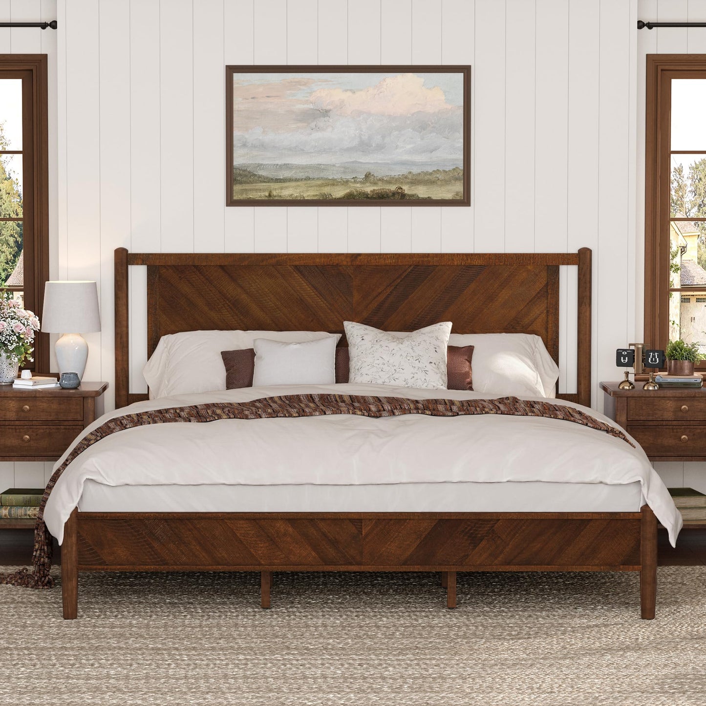 Cozyman Bed Frame King Size and Headboard, Acacia Wood, No Box Spring Needed, Herringbong Pattern, 800 lbs, Non-Slip Without Noise, Walnut