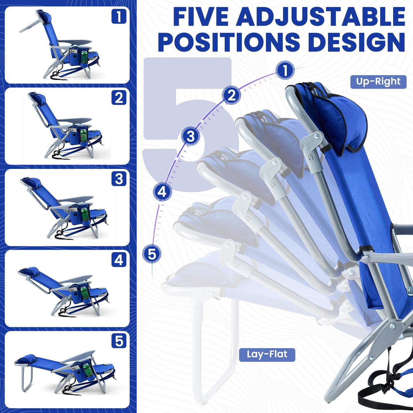 Geisoun Beach Chair with 5 Adjustable Positions, Lightweight Foldable Camping Chair with Pillow, Reclining Chair for 350 LBS Adult, with Shoulder Straps, Storage Bag, Cup Holder, Towel Bar