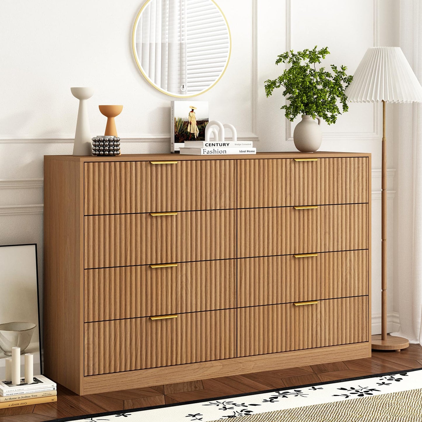 Sscaktu 8 Drawer Dresser for Bedroom, Modern Fluted Double Dresser, 55" Wide Chest of Dressers, Mid Century Wooden Beside Table for Closet, Living Room and Entryway, Natural
