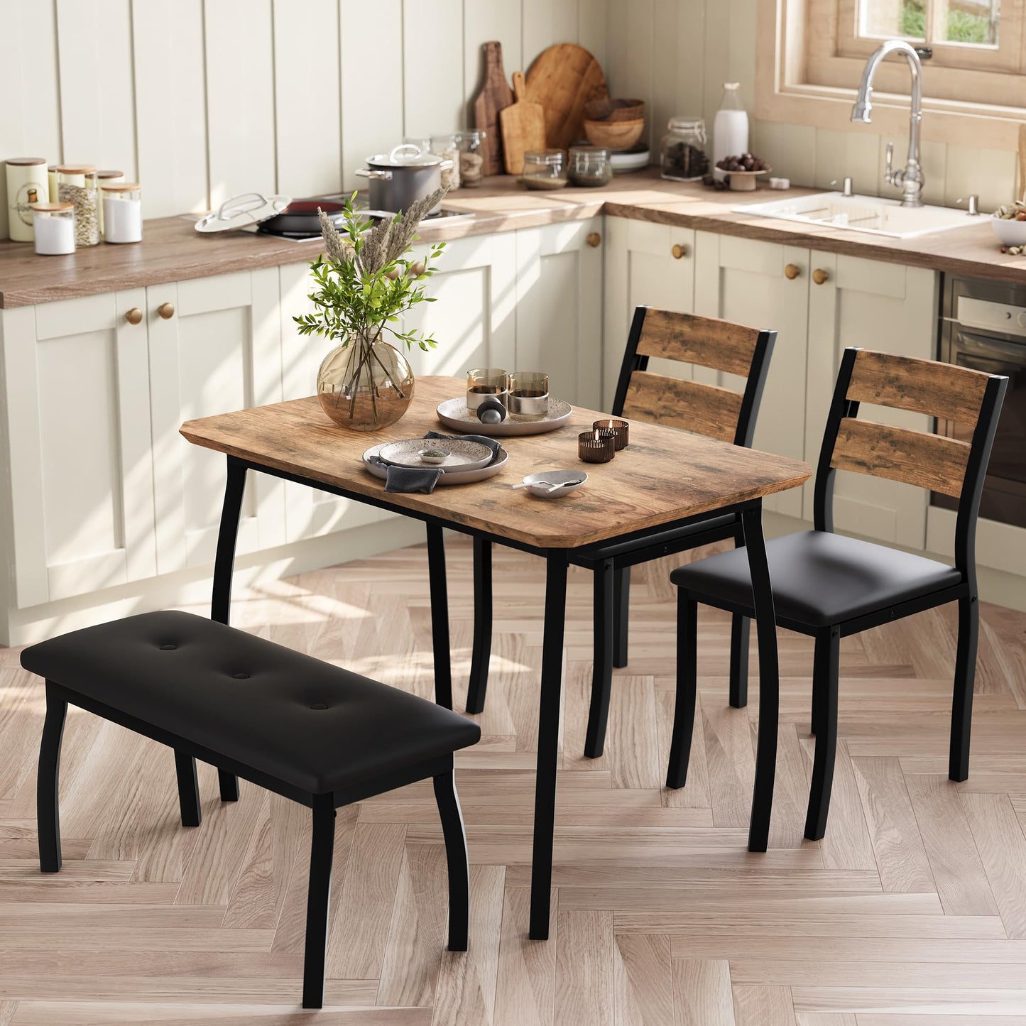 GAOMON Kitchen Table Set for 4, 4-Piece Dining Table with 2 Chairs and PU Upholstered Bench - Cutting Corner Tabletop Design, Space-Saving Kitchen Furniture for Studio, Restaurant, Retro