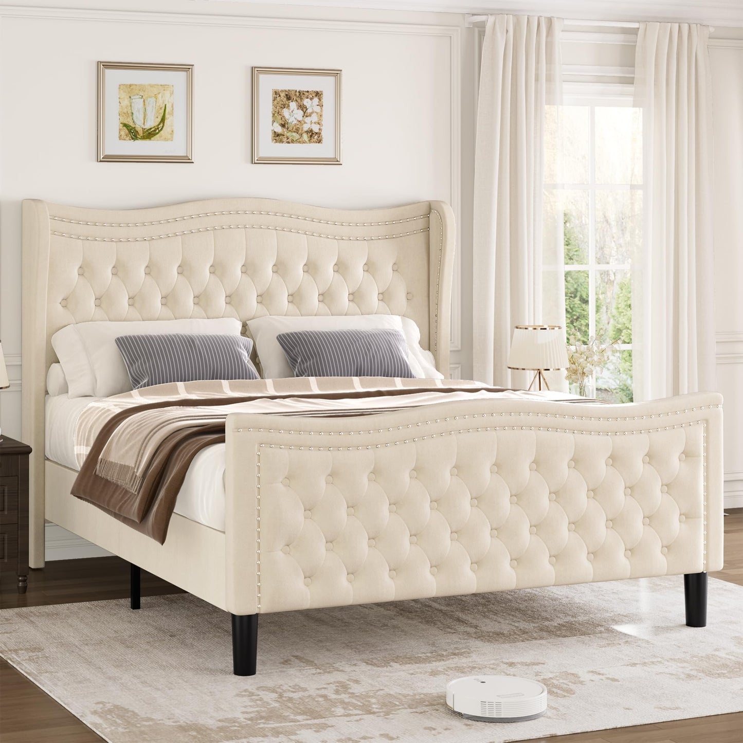 Generic Full Bed Frame, 52"" Headboard Upholstered Bed with Tall Footbaord, Velvet Upholstered Deep Button Tufted Wingback Platform Bed, No Box Spring Required/Wood Slat Support/Beige