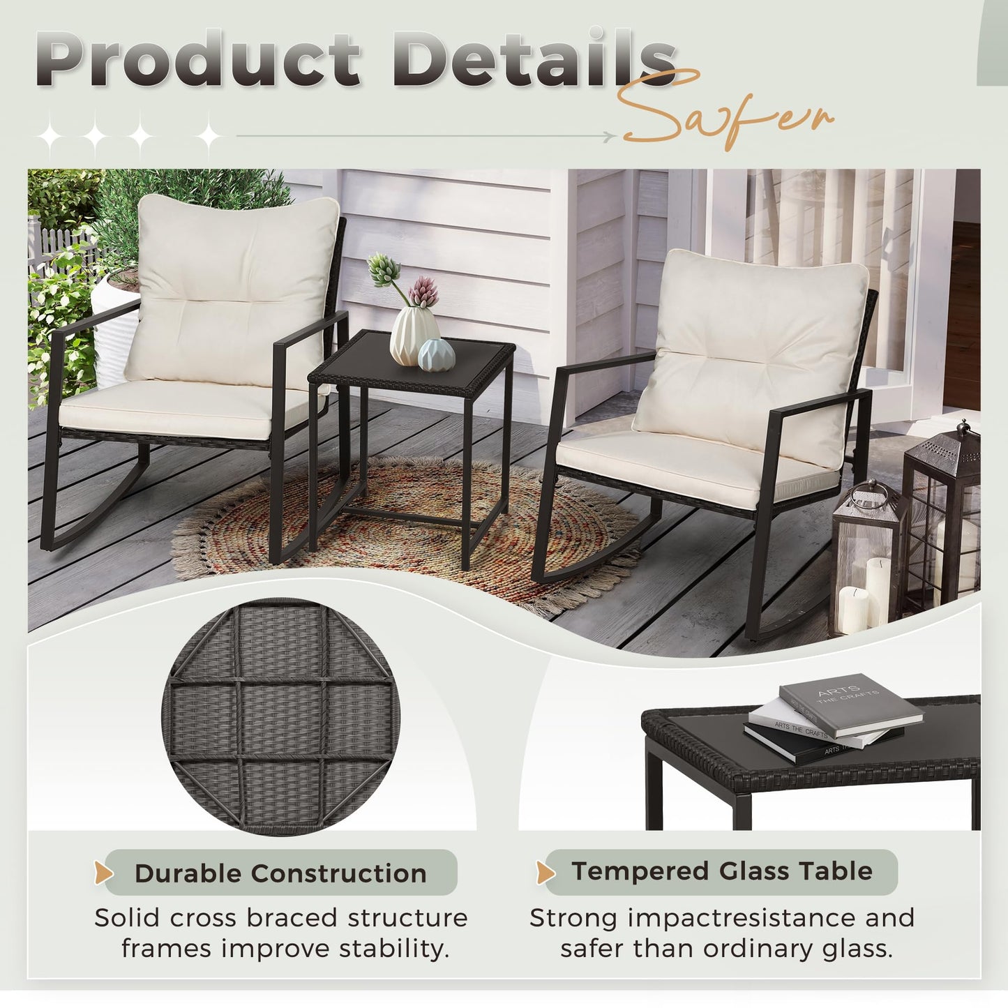 SUNCROWN 3 Piece Outdoor Rocking Bistro Set Black Wicker Furniture Porch Chairs Conversation Sets with Glass Coffee Table, Beige
