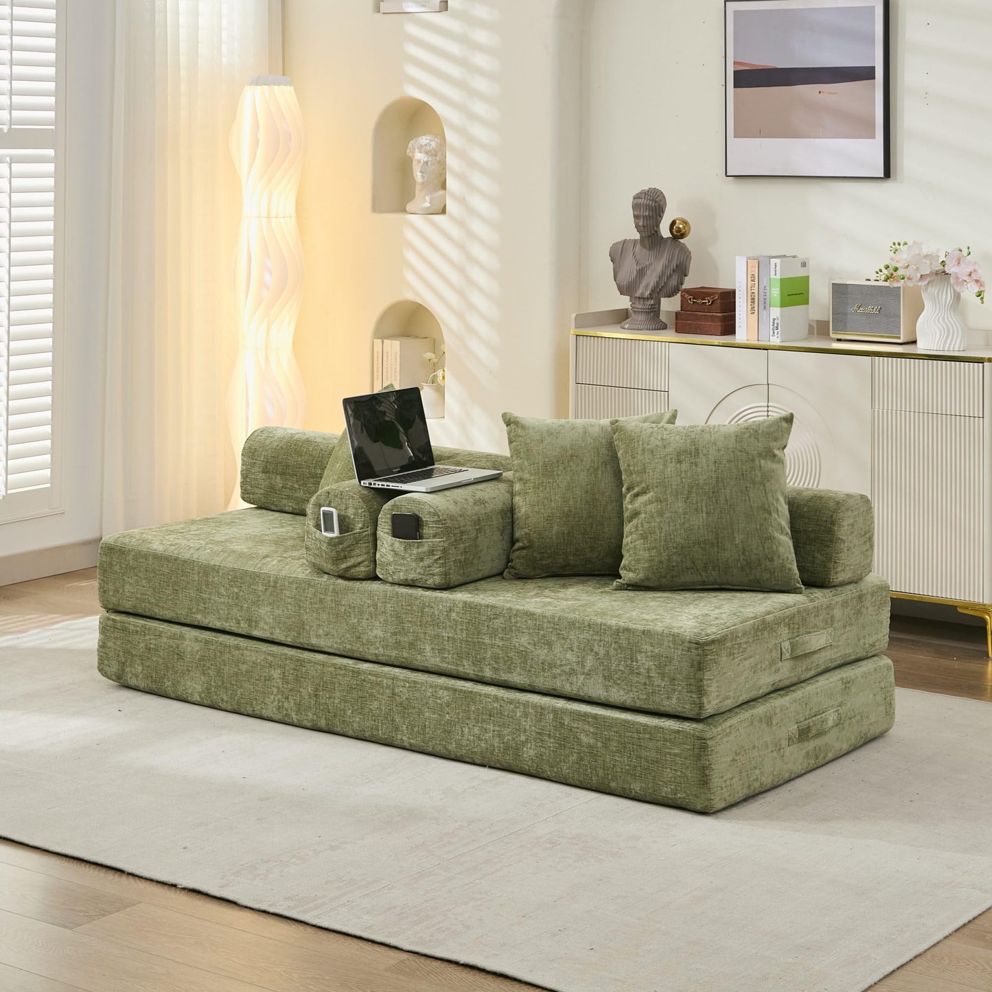 TISIMO Convertible Folding Sofa Bed Modular Floor Couch, 78.8‘’ Cloud Sleeper Sofa with Removable Backrest, Chenille Foldable Mattress Couch, Lazy Loveseat for Small Space, Apartment, Bedroom, Green