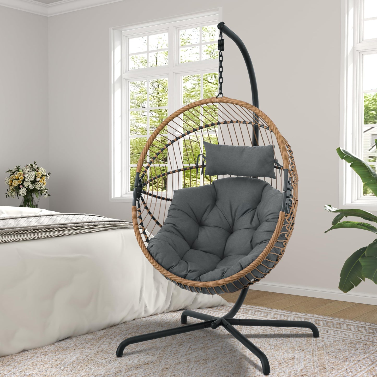 GREEN MORE Oversized Egg Swing Chair with Stand, Hanging Swing Chair, Foldable Hammock Chair with Steel Frame, 350LBS Capacity for Patio Garden Bedroom, Beige