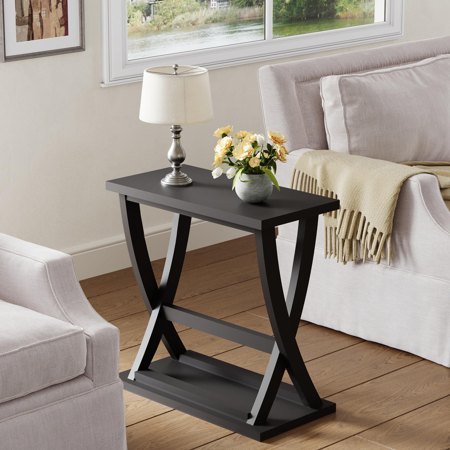 ChooChoo Black End Tables Living Room Set of 2, Narrow Side Table with Storage Shelf, Modern X-Design Slim End Table for Living Room, 11.8" D*23.6" W*23.4" D