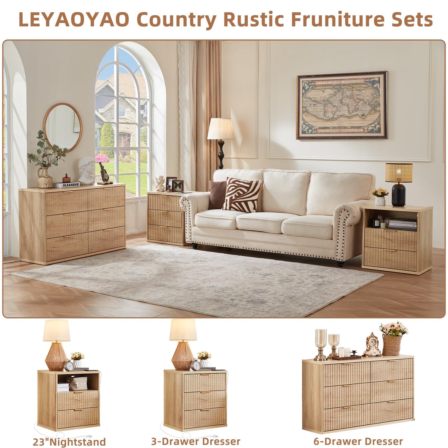 LEYAOYAO 23" Wide Fluted Farmhouse Night Stand Set of 2 with Charging Station, 3 Drawers Large End Table w/Metal Handle, Natural Nightstand Bedside Table,Wood Dresser for Bedroom, Closet