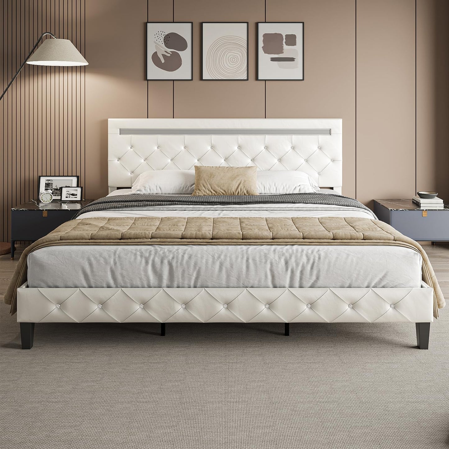 Benevika King Size Bed Frame with LED Lights, Upholstered Platform Bed Frame, Adjustable Headboard with Charging Station, Wooden Slats Support, Easy Assembly, No Box Spring Needed, White