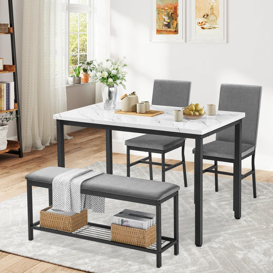 COCLUB Dining Table Set for 4, 47.2" Faux Marble Kitchen Table Set with Upholstered Velvet Chairs and Bench, 4-Person Rectangular Space Saving Dinette Set for Apartment, Restaurant, Home (Gray)