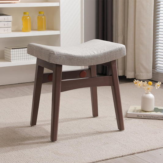 COSTASKF Vanity Stool, Saddle Cushion Foot Stool, Modern Vanity Bench Ottoman with Solid Wood Legs and Upholstered Seat for Entryway, Bedroom,Walnut Color Leg - Linen Colour Fabric Cushion