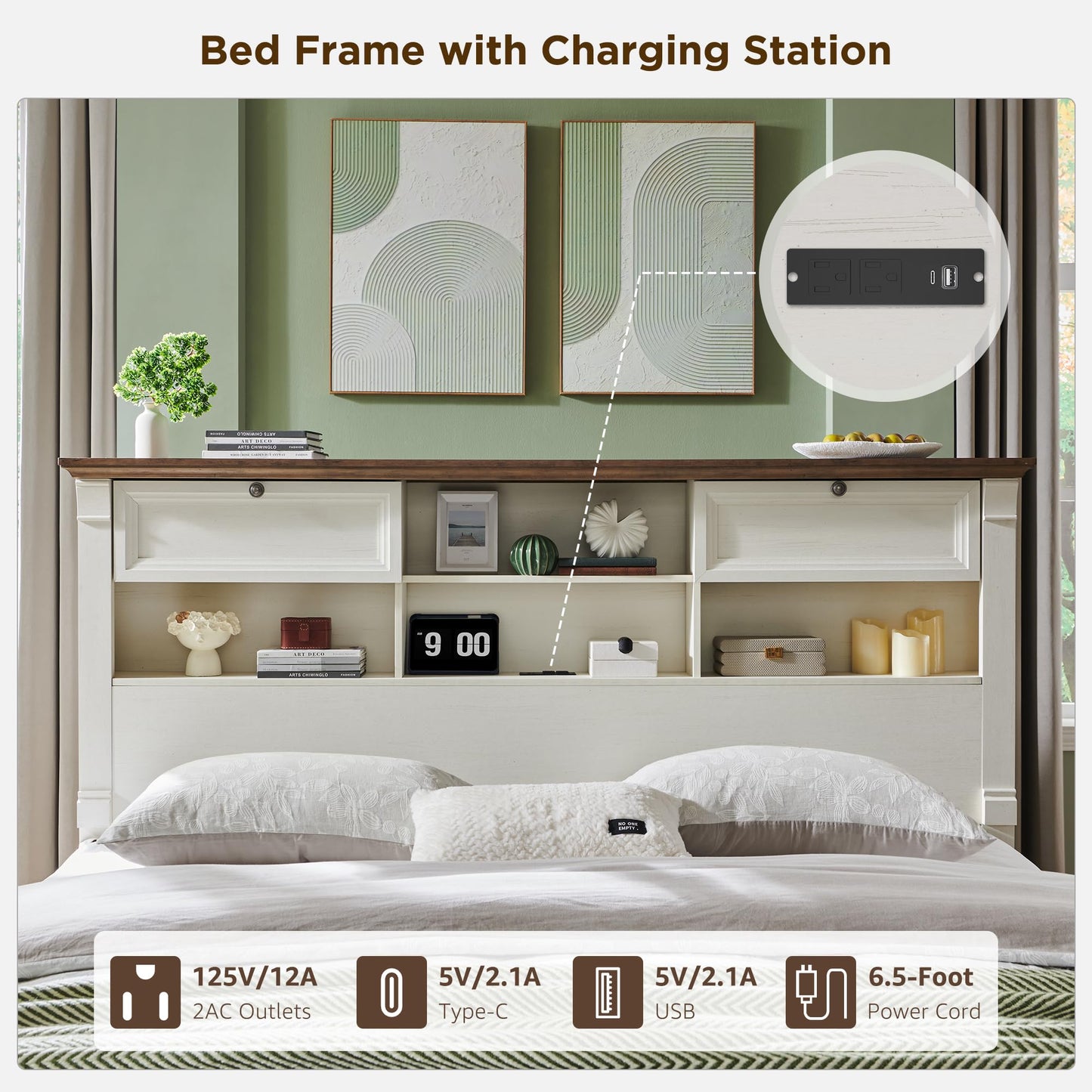 Farmhouse King Size Bed Frame with 54" Tall Headboard, Wood Platform Bed Frame with 18" Tall Roman Column Decoration Footboard & 2 Large Storage Drawers, No Box Spring Needed(Antique White)