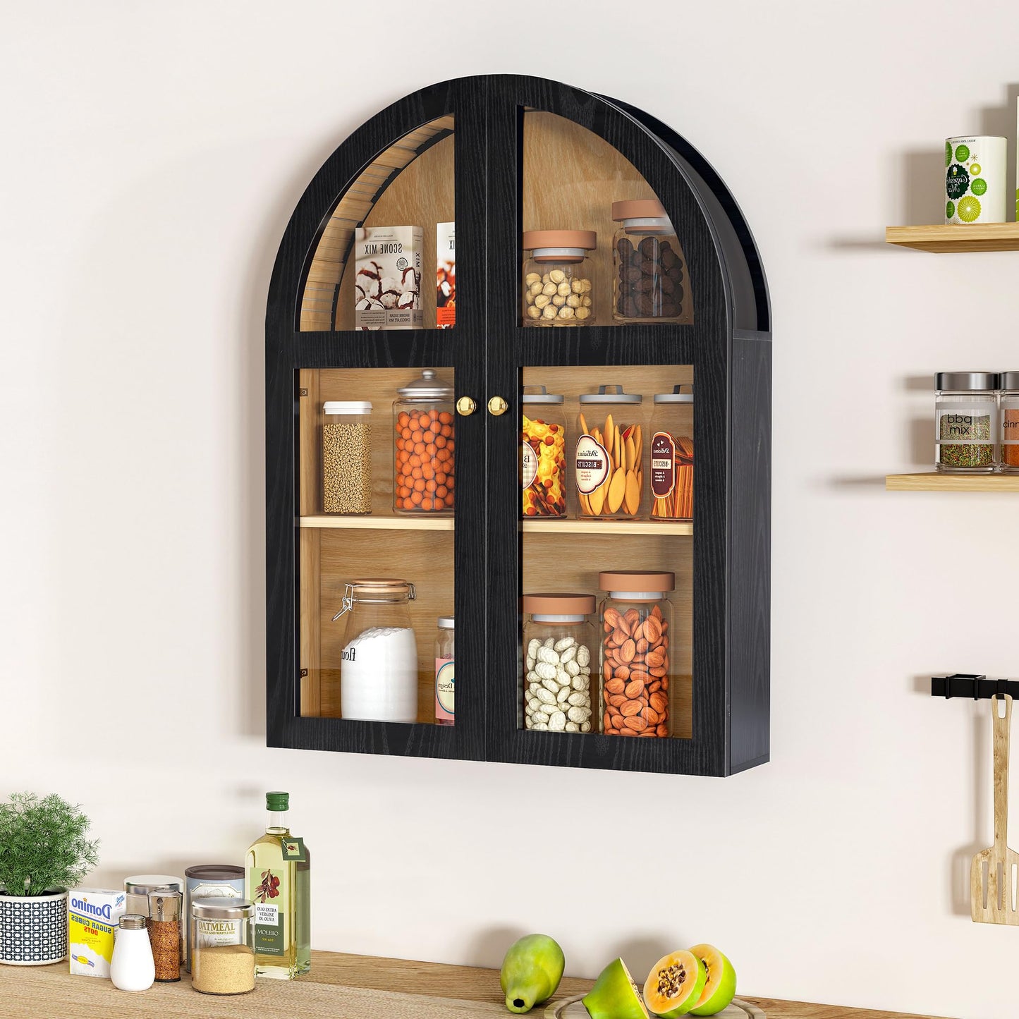 Bathroom Medicine Cabinet Wall Mounted, Arched Wall Cabinet with Adjustable Shelf & Acrylic Doors, Floating Cabinet for Wall Over The Toilet Storage Cabinet Space Saver for Kitchen, Black