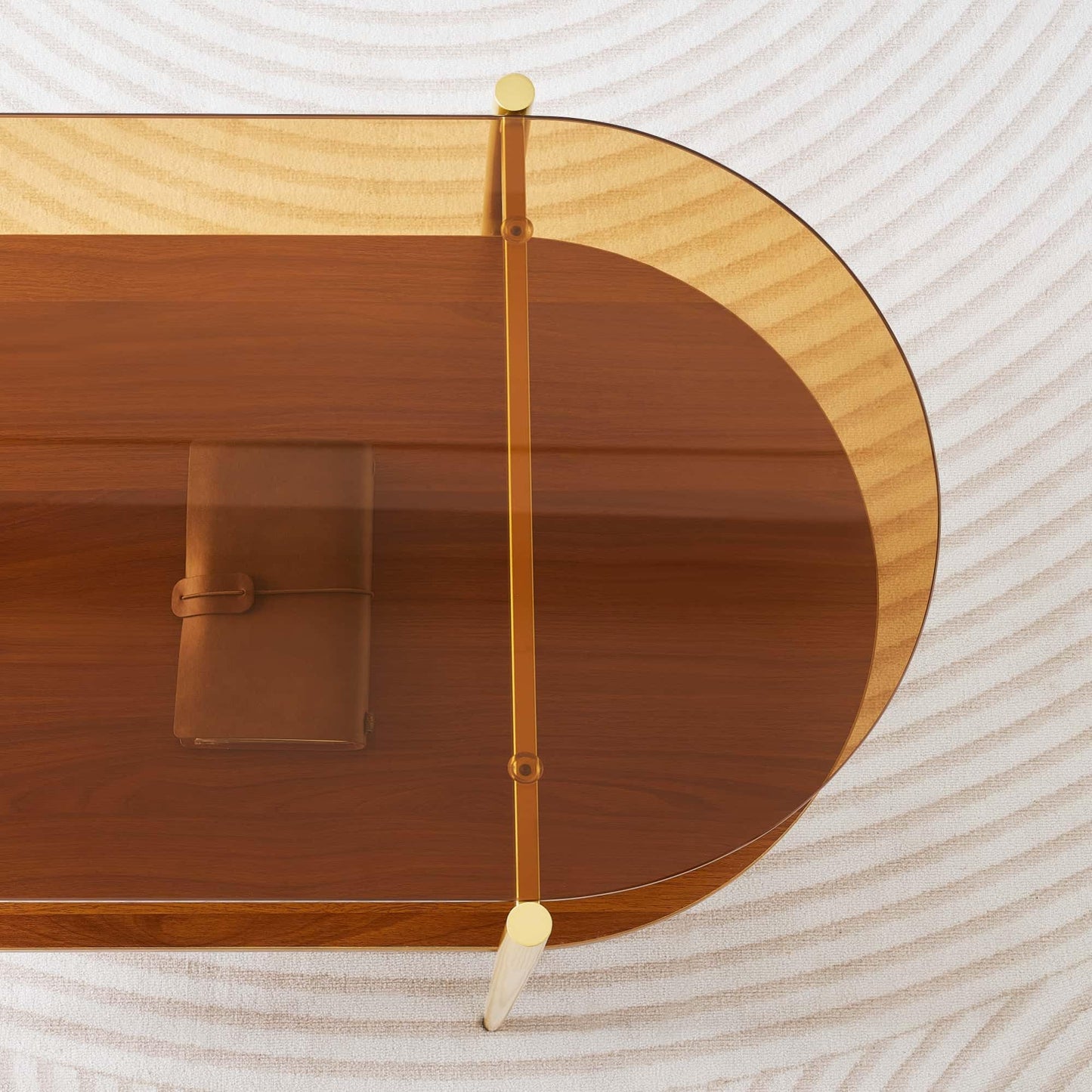 LumFurn Oval Glass Coffee Table, Mid-Century Modern Design, L41 x W21 x H17 inch, for Living Room, 2-Tier Structure, Amber Glass Top and Walnut Finish Wood Shelf, Conical Legs with Gold Finish Frame