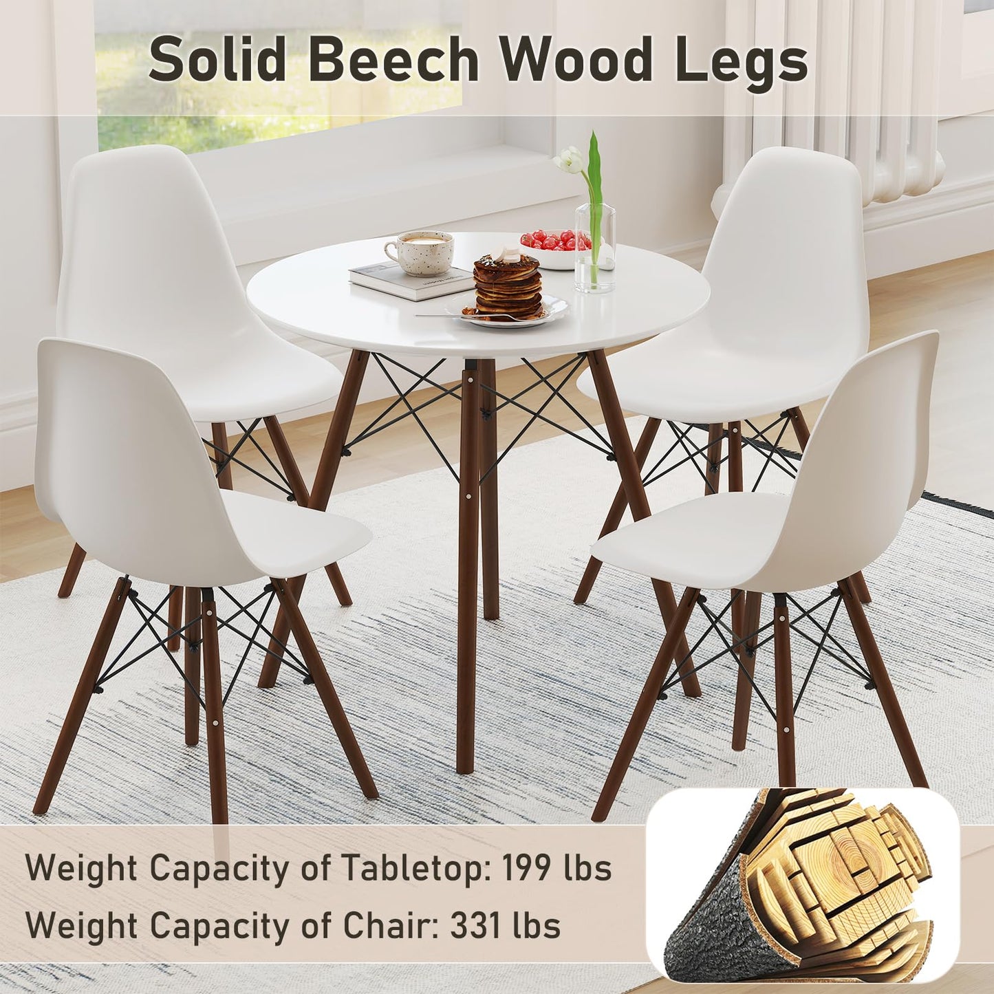 Tangkula Round Dining Table Set for 4, Modern Circle Kitchen Table & 4 Chairs with Ergonomic Seats and Solid Wood Legs, 5-Piece Dining Room Set for Small Spaces, Kitchen, Living Room