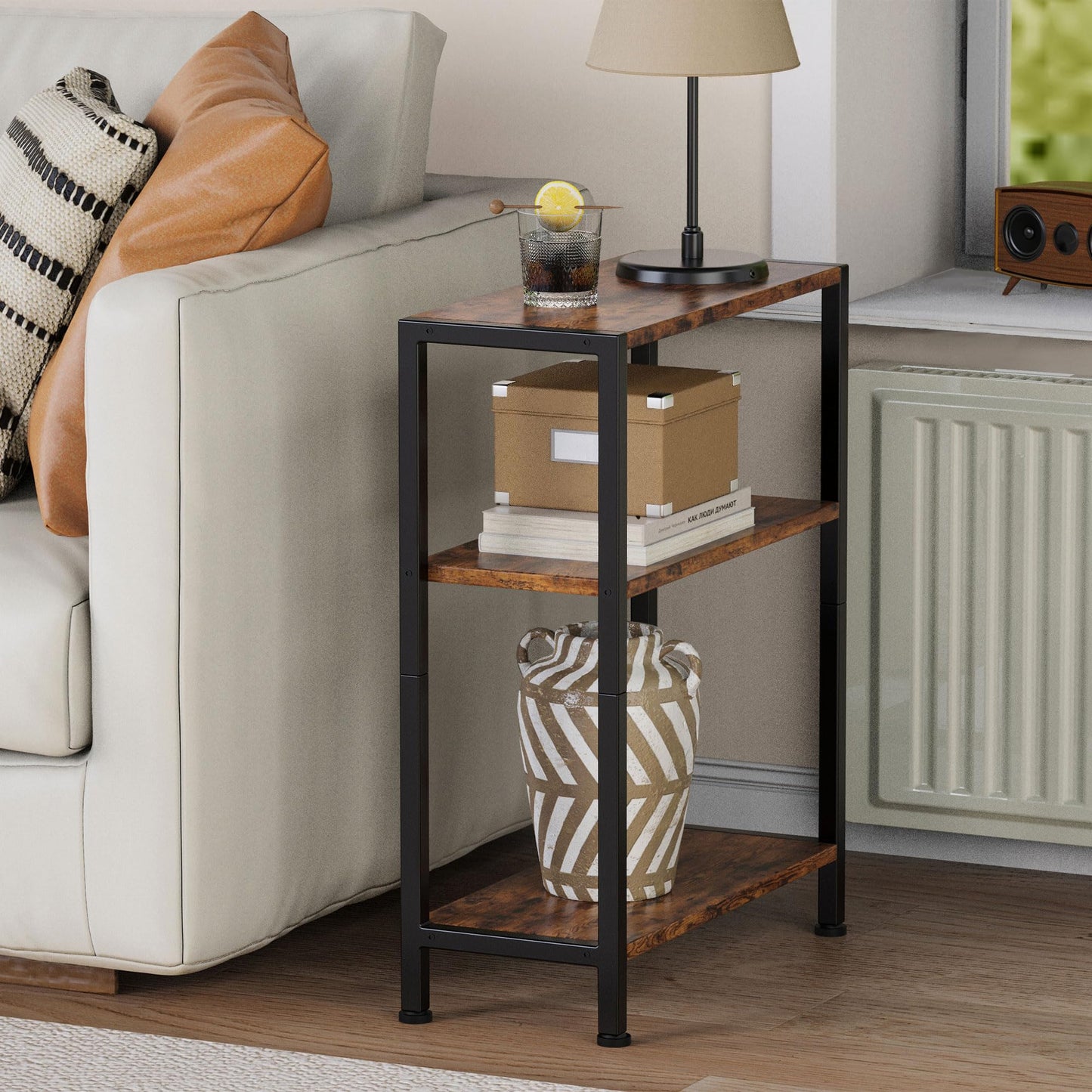 Vantimo 3-Tier Side Table, Small End Table, Sofa Side Table for Narrow Spaces, Slim End Table, Nightstand Table, for Living Room Bedroom Office, Rustic Brown