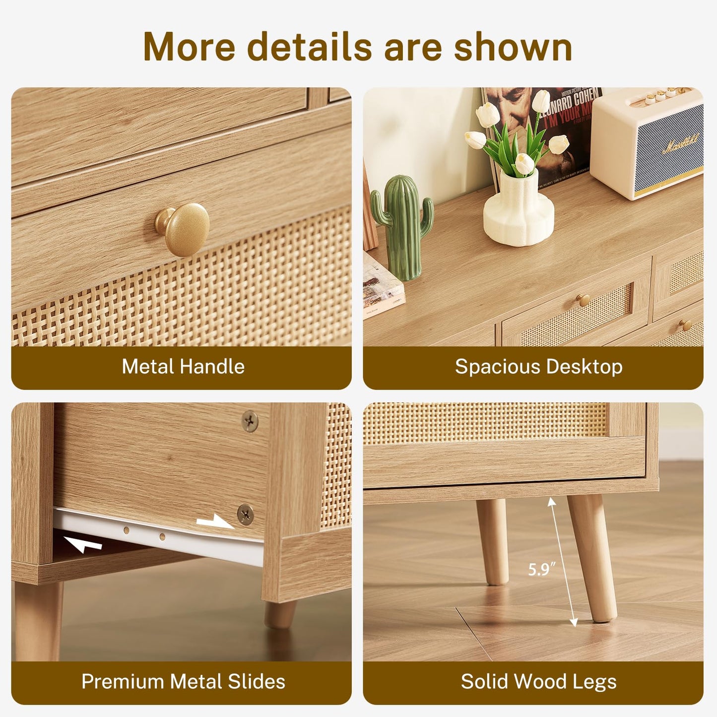 TEENFON 47.2''Wide 7 Drawer Rattan Dresser, Boho Dresser for Bedroom, Chest of Drawers, Closet Organizer, Natural Wood Dressers Chest for Bedroom, Living Room, Entryway, Natural