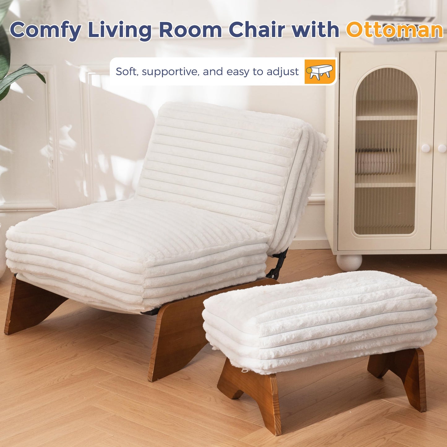 MAXYOYO Modern Adjustable Accent Chair with Ottoman, Upholstered Living Room Chair with Footrest Set, Soft Reclining Lounge for Bedroom, Apartment, Office, Beige