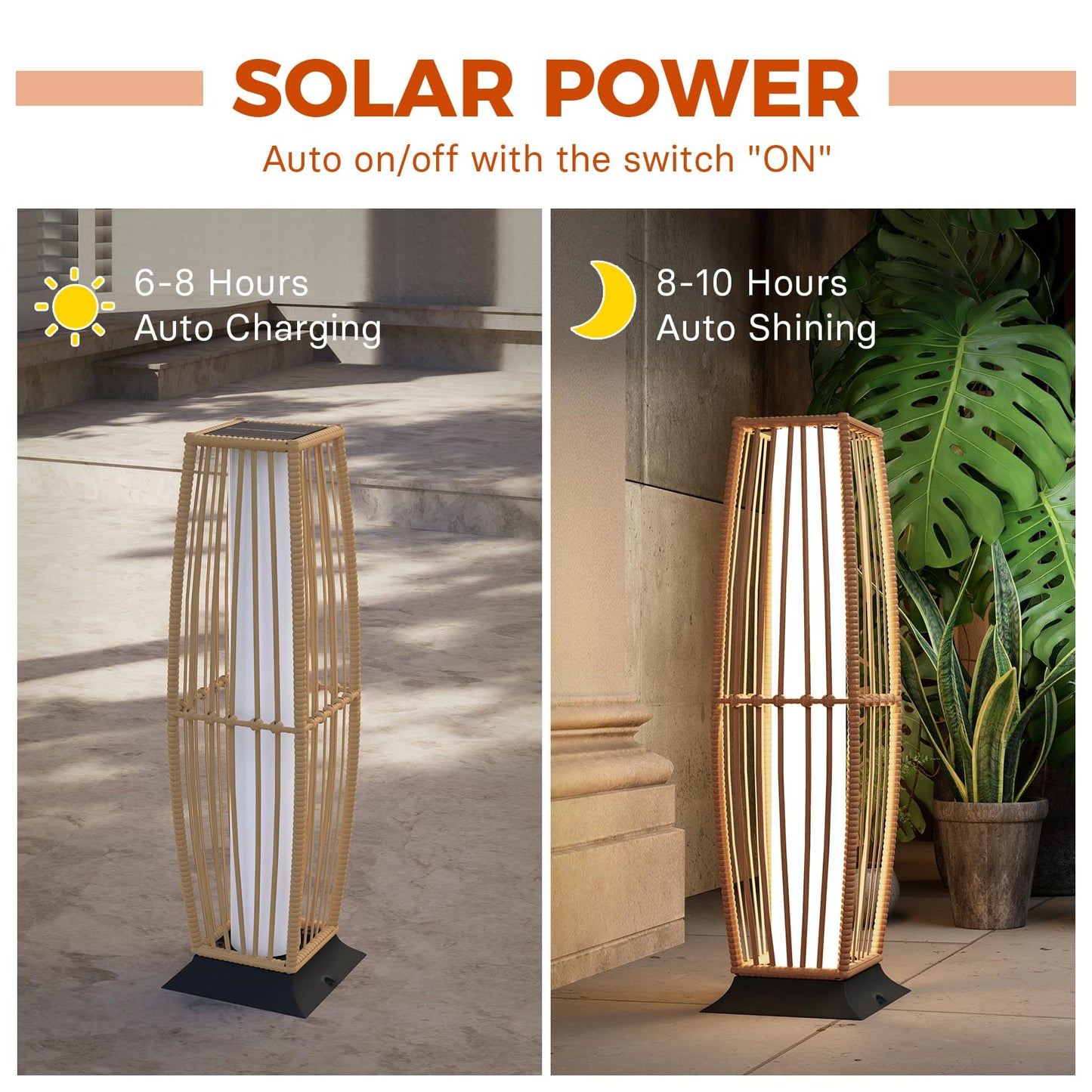 Grand patio 2-Piece Outdoor Floor Lamp Solar Powered Lantern Waterproof Wicker Boho Deck Lights for Garden Porch Decor, Large Taurus