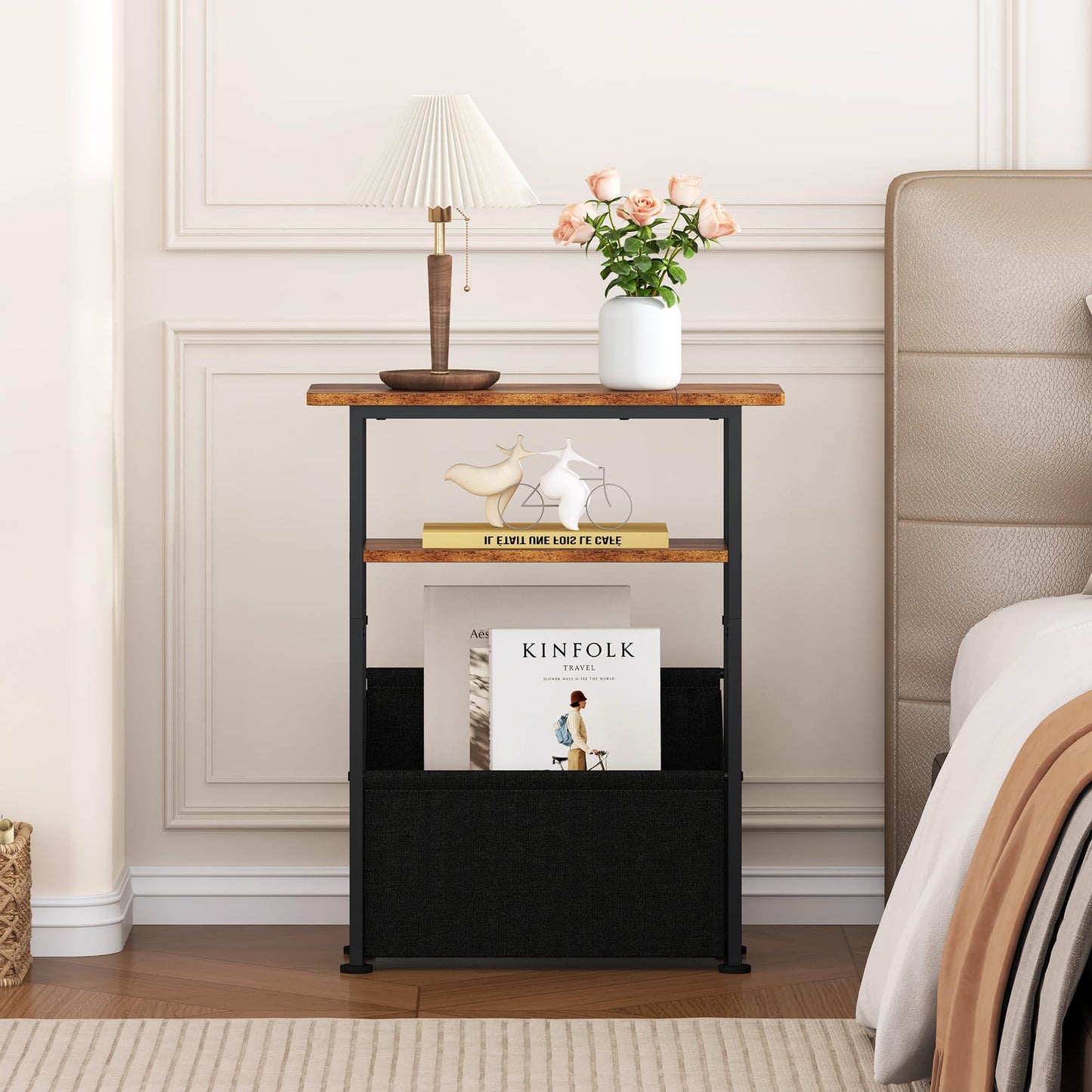 Yusong Narrow Side Table for Small Spaces, Skinny End Table with Storage Basket, 3 Tier Slim Sofa Couch Bedside Table, Thin Nightstand for Bedroom, Living Room, Rustic Brown