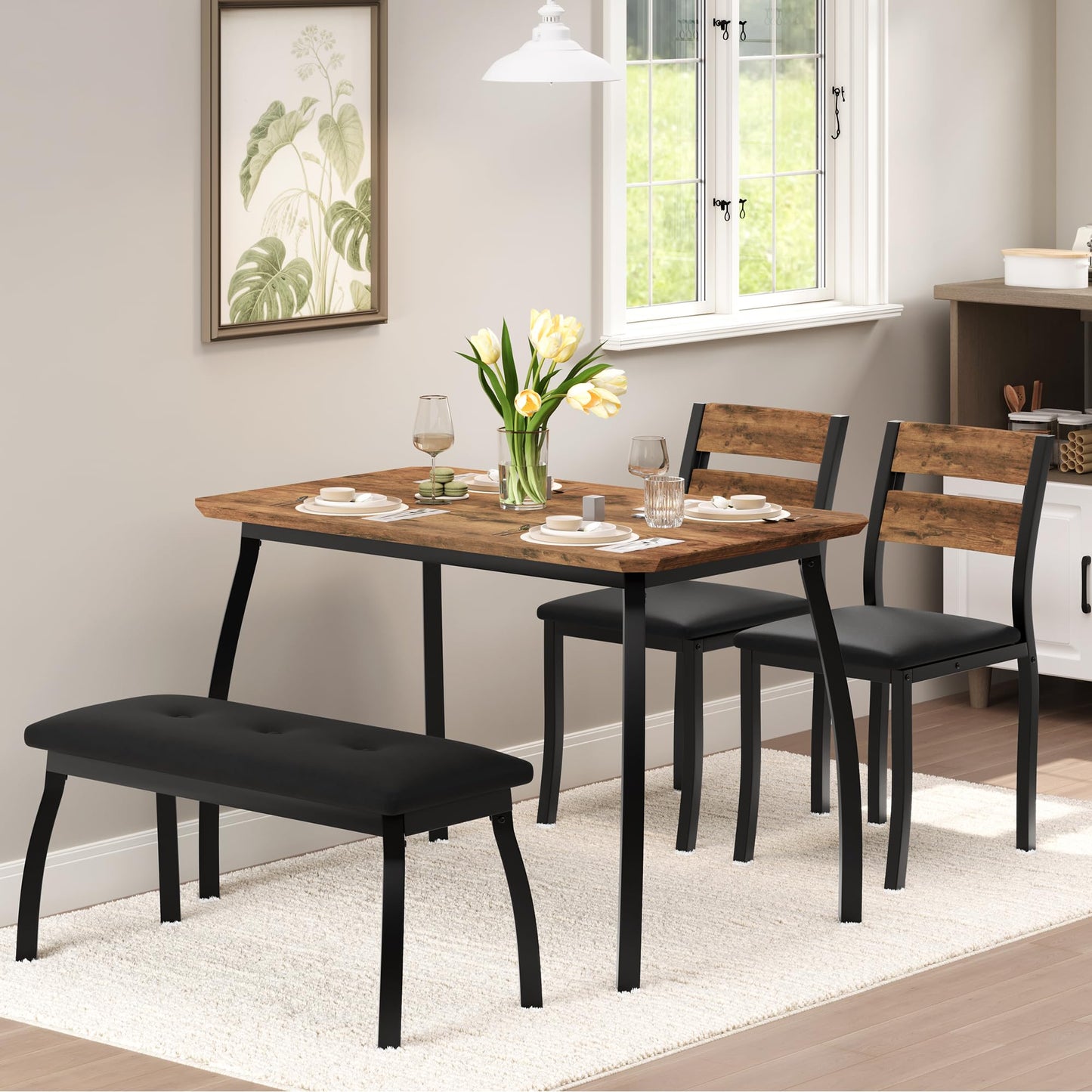 GAOMON Kitchen Table Set for 4, 4-Piece Dining Table with 2 Chairs and PU Upholstered Bench - Cutting Corner Tabletop Design, Space-Saving Kitchen Furniture for Studio, Restaurant, Retro