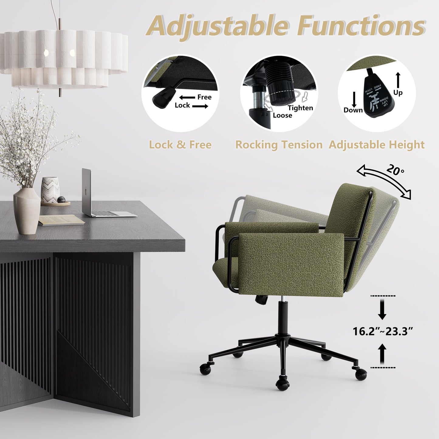 YOUTASTE Wide Office Chair with Wheels, Comfy Modern Rolling Swivel Desk Chair with Green Bouclé Fabric, Backrest, Armrests, 300 lbs Capacity, Ideal for Makeup Vanity, Computer, Study & Bedroom