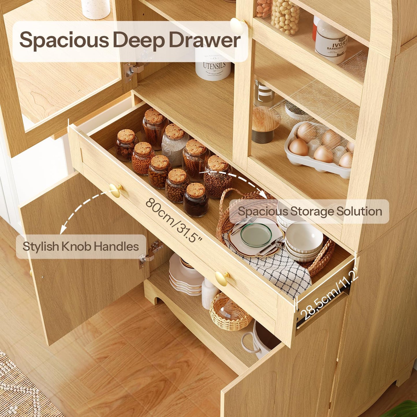 HOOBRO Arched Kitchen Pantry Cabinet, 71" Tall Pantry Cabinet with Drawer, Glass Door and Adjustable Shelves, Farmhouse Kitchen Storage Cabinet, for Living Room, Dining Room, Natural NL63PC01
