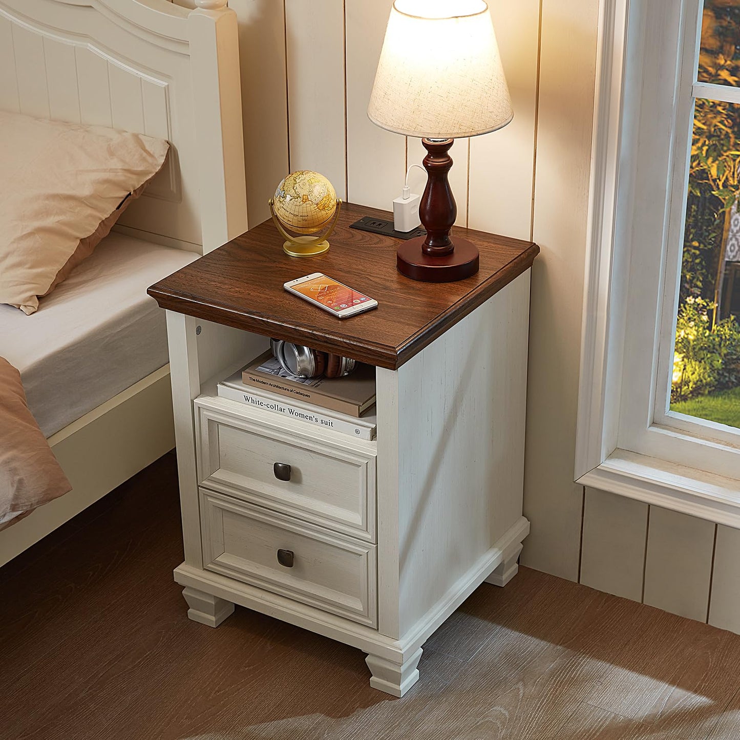 SAVOR LIFE Farmhouse Night Stand with Charging Station, Rustic and Modern Nightstand,2 Drawers End Table for Living Room,Bedside Table with Open Shelf for Bed Room,White
