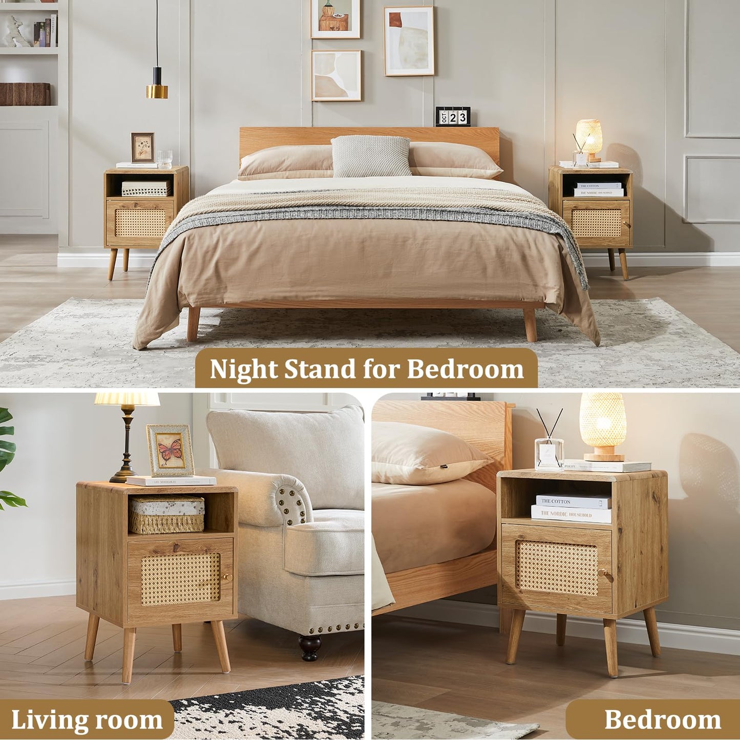 Noskatu Nightstands Set of 2,Night Stand with Rattan Decor Door,16" Modern Side Table with Curved-Top,Bedside Table with Wood Legs and Anti-Slip Pads for Bedroom,Living Room,Nature Wood