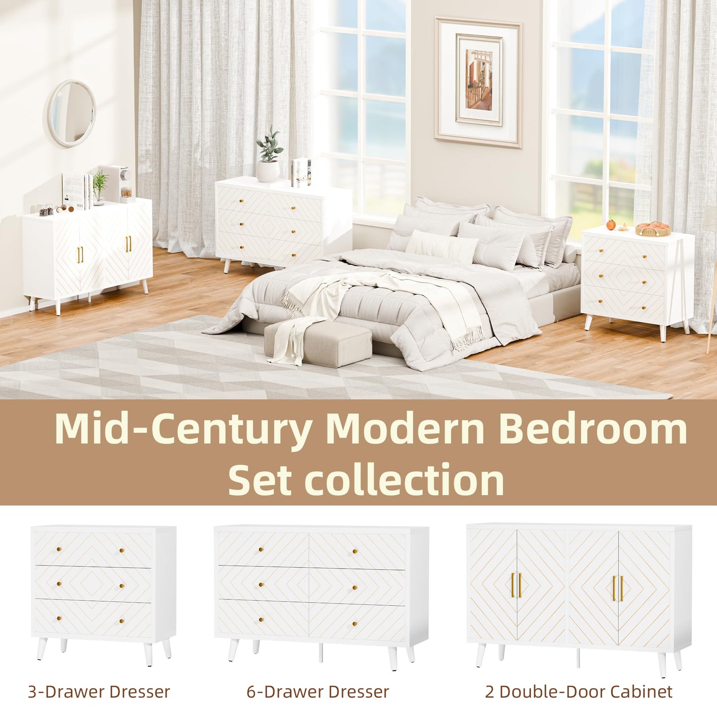 FNCK White Dresser for Bedroom, 6 Drawer Dresser with Wide Drawer, Wood Dressers & Chests, TV Stand for 50" TV, Modern Storage Cabinet for Dorm, Hallway, Dressers and Nightstand Sets
