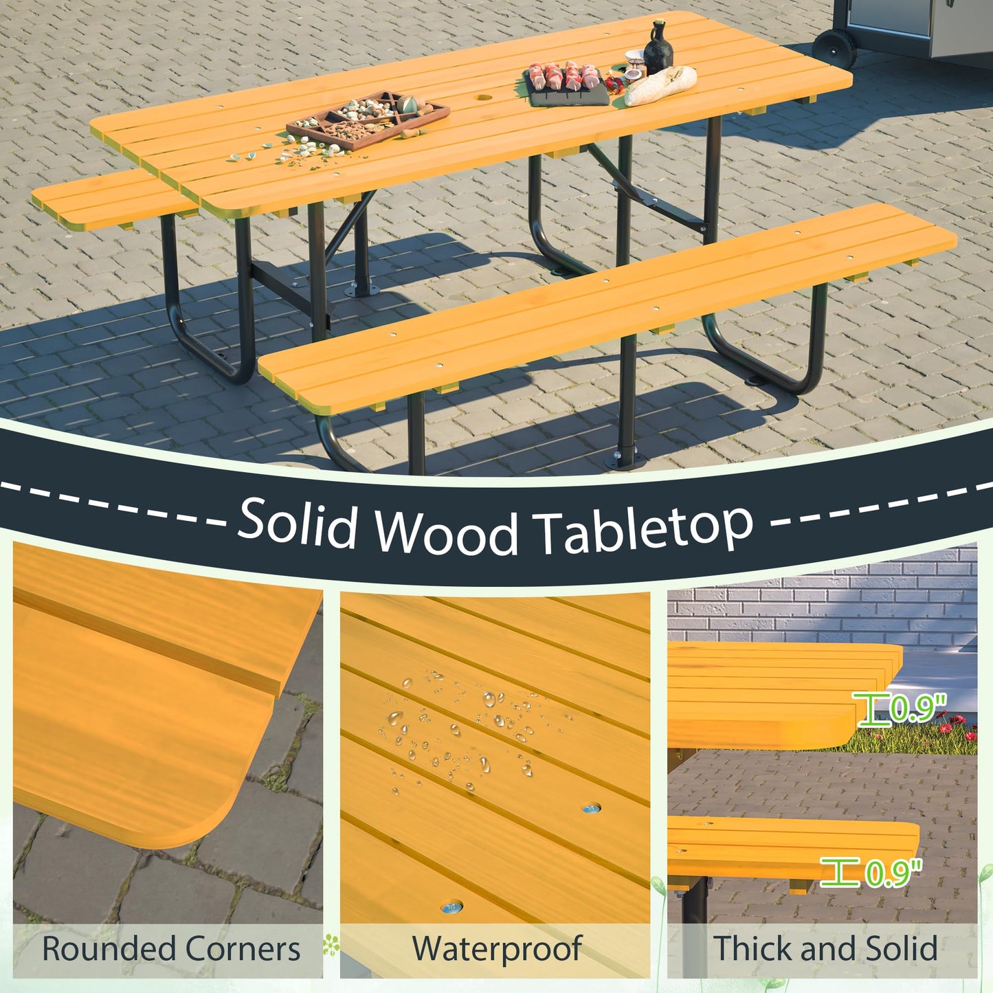 DOPERFE 72" Wooden Picnic Table, Picnic Table with Benches, Steel Frame with Umbrella Hole 1.97" for Patio Party Barbecue Party (Yellow + Black, 72")