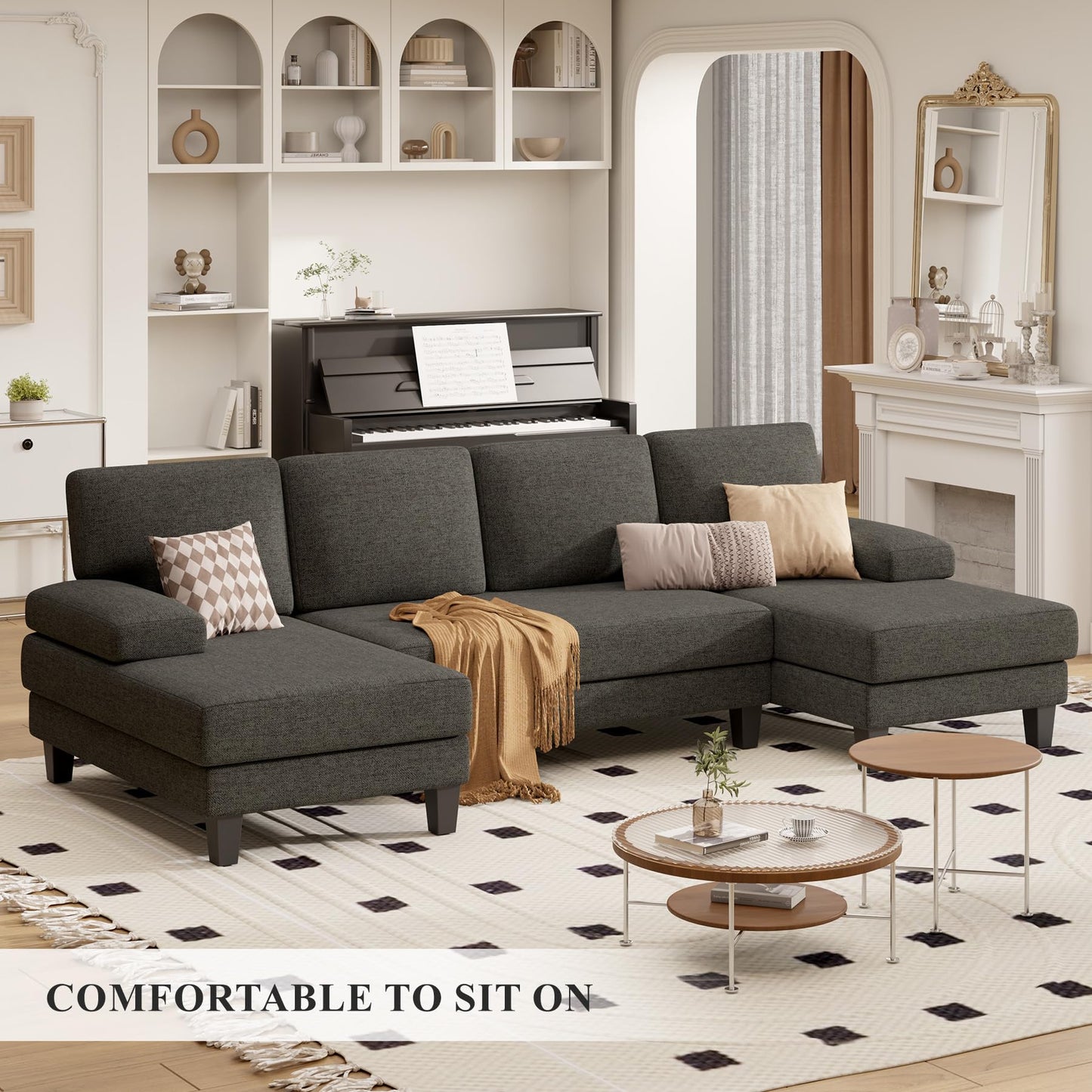 Luxanimarion U-Shaped Sectional Sofa Couch for Living Room, Modern Modular Sofa with Double Chaise, Classic Lounge Couch Sleeper for Apartment, Darkbrown