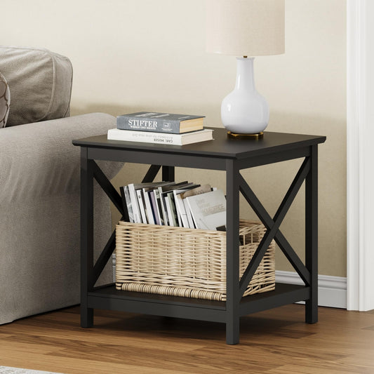 ChooChoo End Table, 24 Inch End Table with 2-Tier Storage Shelf, Side Table for Living Room, Wood Nightstand for Bedroom, Office, Painted Surface, Black