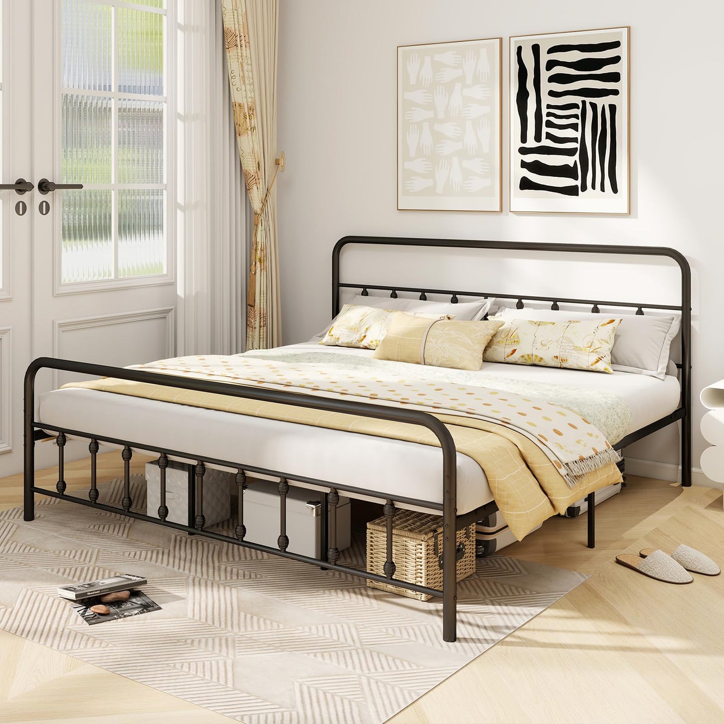 KOMFOTT King Size Metal Bed Frame with Headboard & Footboard, Victorian Style Metal Platform Bed Frame with Under Bed Storage, Noise-Free Mattress Foundation No Box Spring Needed, Black