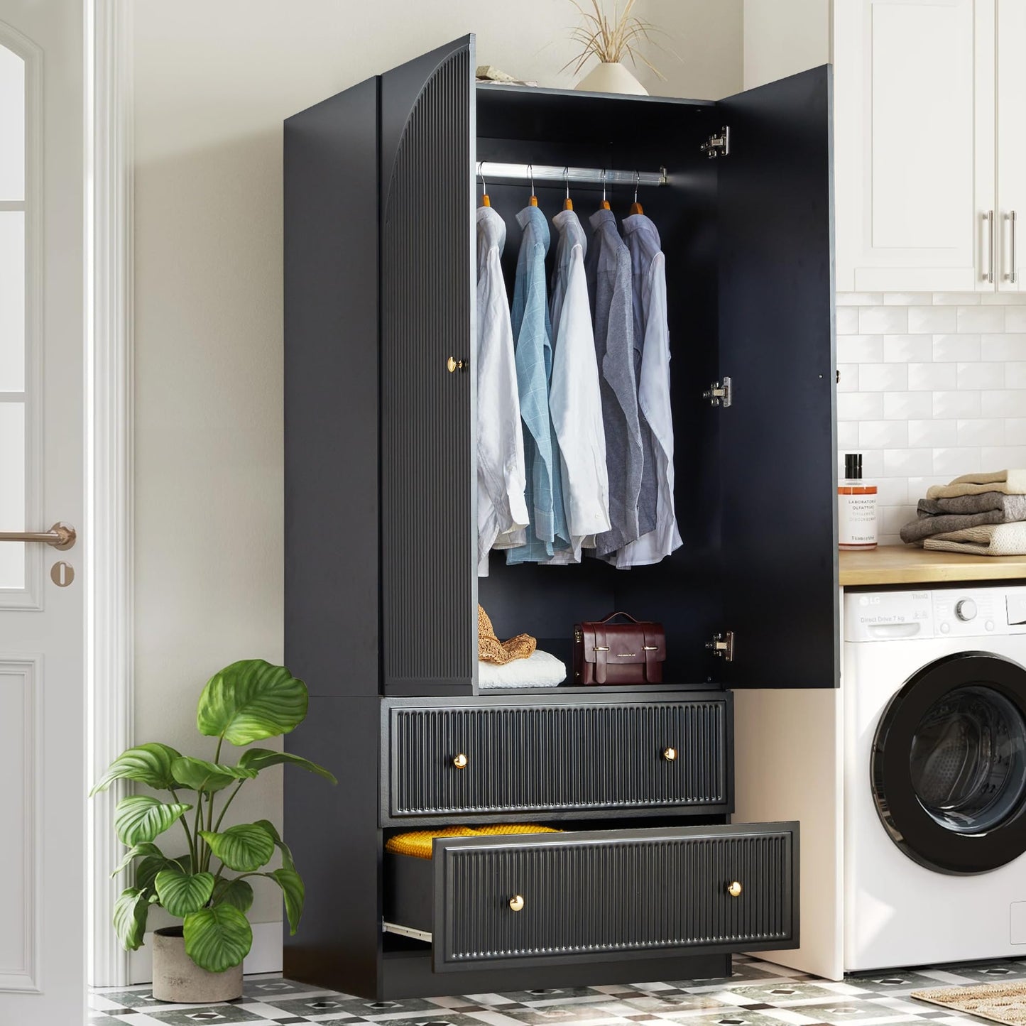 ORRD Black Freestanding Armoire Wardrobe Closet with 2 Doors and 2 Storage Drawers, Large Capacity Wardrobe Cabinet, Wooden Closet for Bedroom