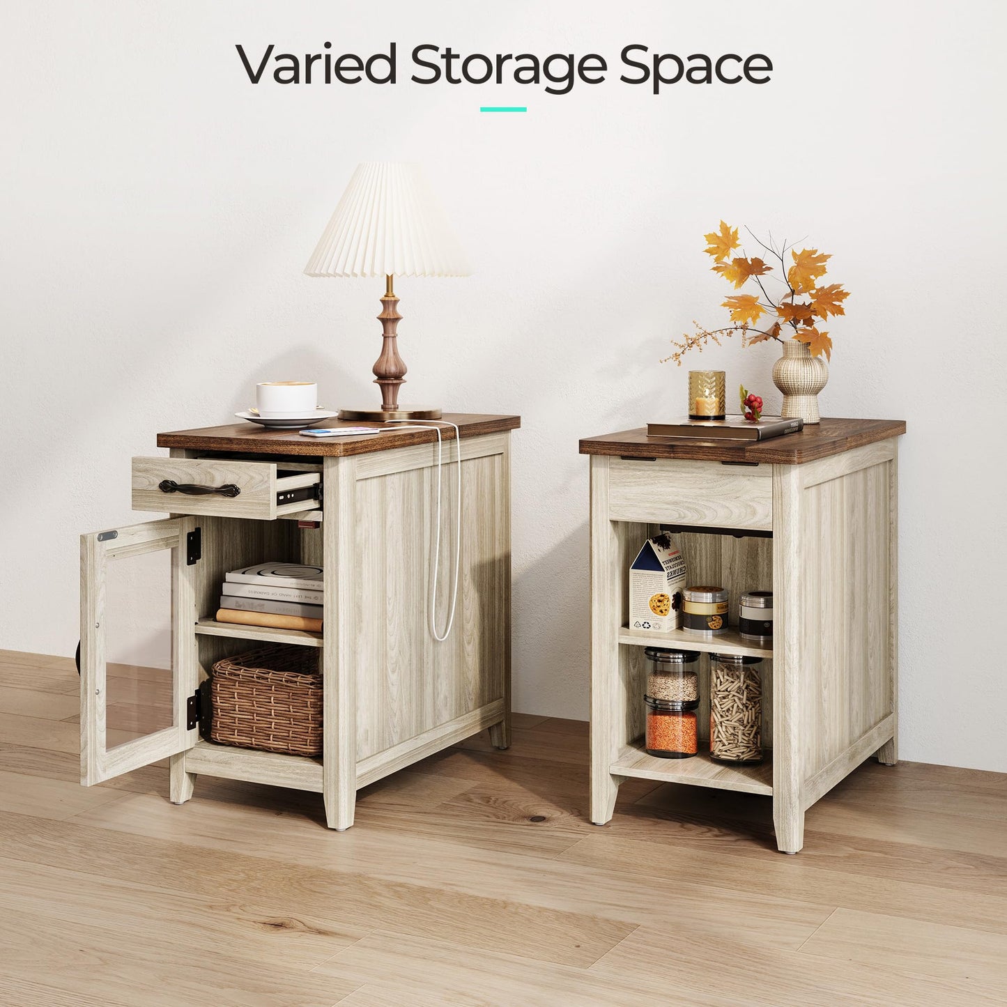 LINSY HOME End Table Set of 2 with Charging Station, Modern Farmhouse Sofa Couch Side Table, Wooden Bedside Table for Living Room, Slim Nightstand with Storage for Small Space, White Oak, Glass Door