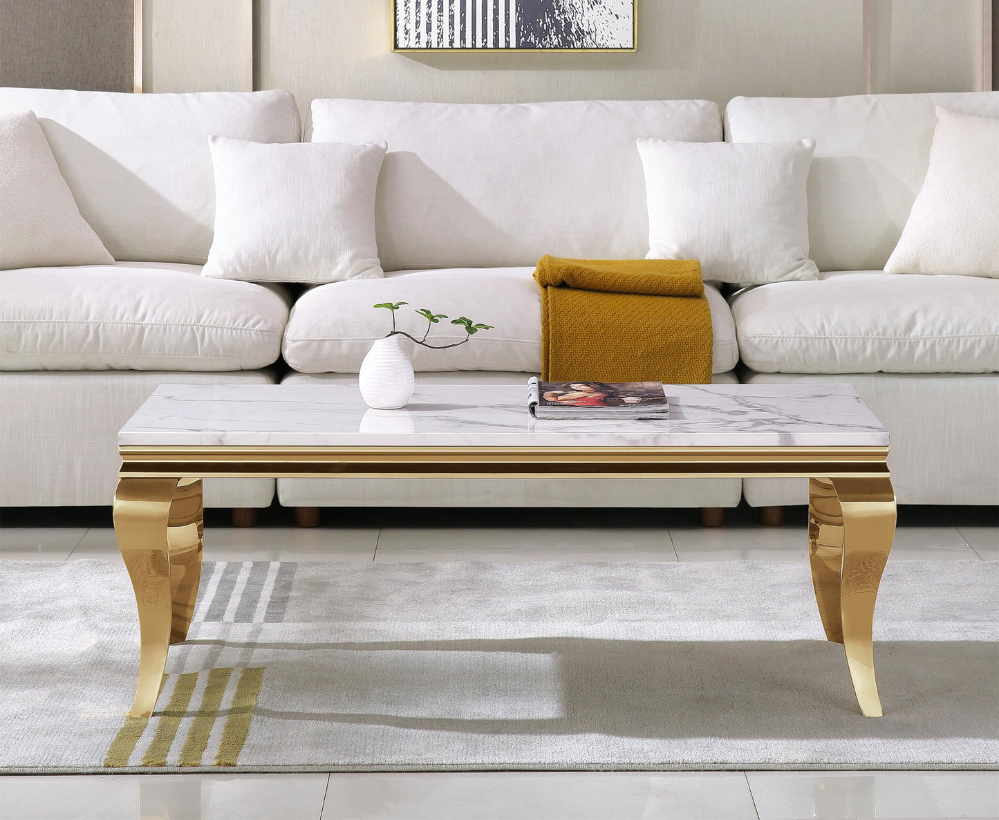 SSLine Modern 3 Piece Living Room Table Set, Includes 1 Coffee Table & 2 End Tables, Luxury Faux Marble Coffee End Table Set with S-Shape Stainless Steel Legs (White Marble& Gold3)