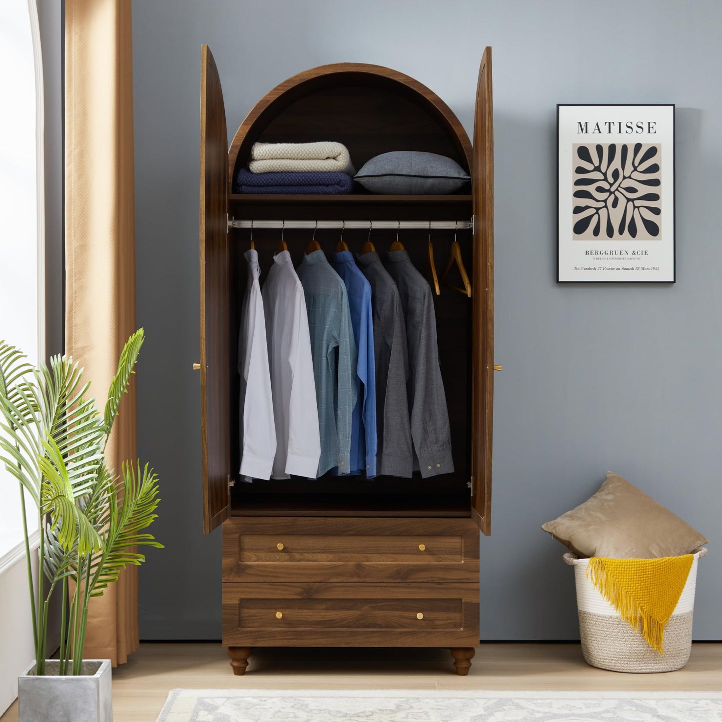 QEIUZON Wardrobe Closet, Arched Rattan Wardrobe Cabinet with Hanging Rod & 2 Drawers, 75" Freestanding Storage Cabinet for Living Room, Laundry Room (Walnut)