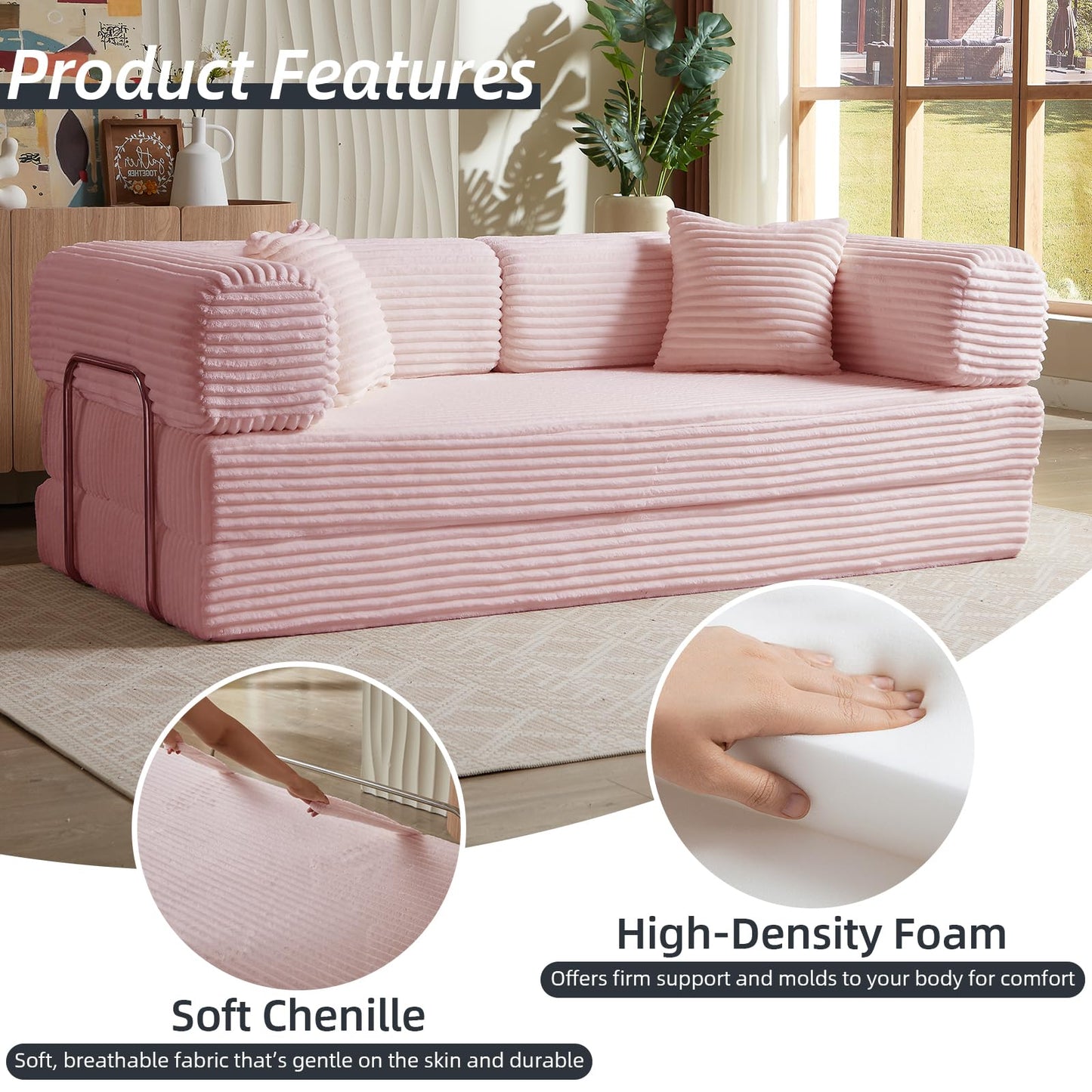 HUAYICUN 4-in-1 Convertible Folding Sleeper Sofa Bed, Plush Corduroy Foldable Mattress Couch with Fixed-Shape Frame, Floor Compressed Sofa for Living Room, Bedroom (Pink)