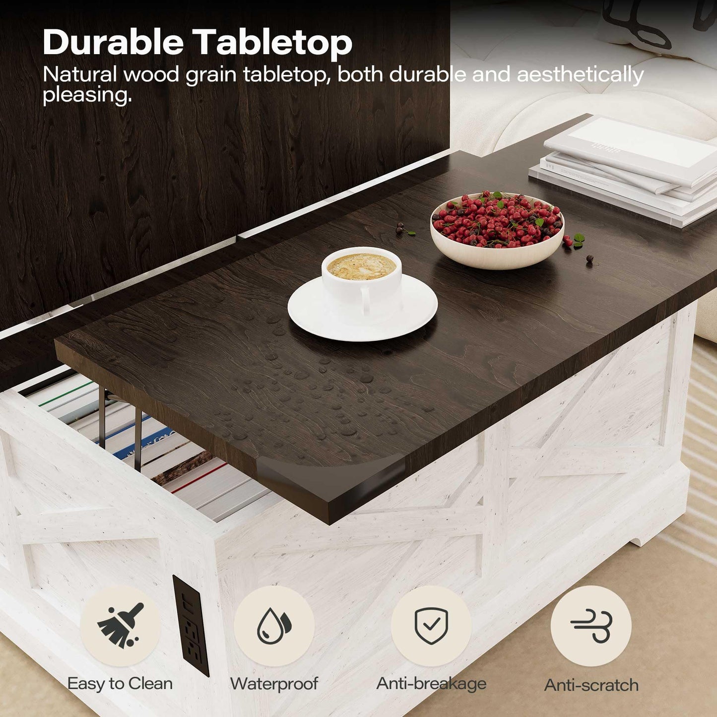 LAUSAINT HOME Farmhouse Lift Top Coffee Table with Large Hidden Storage Compartment, Wood Square Center Table with Lifting Top for Living Room, Home Office, White