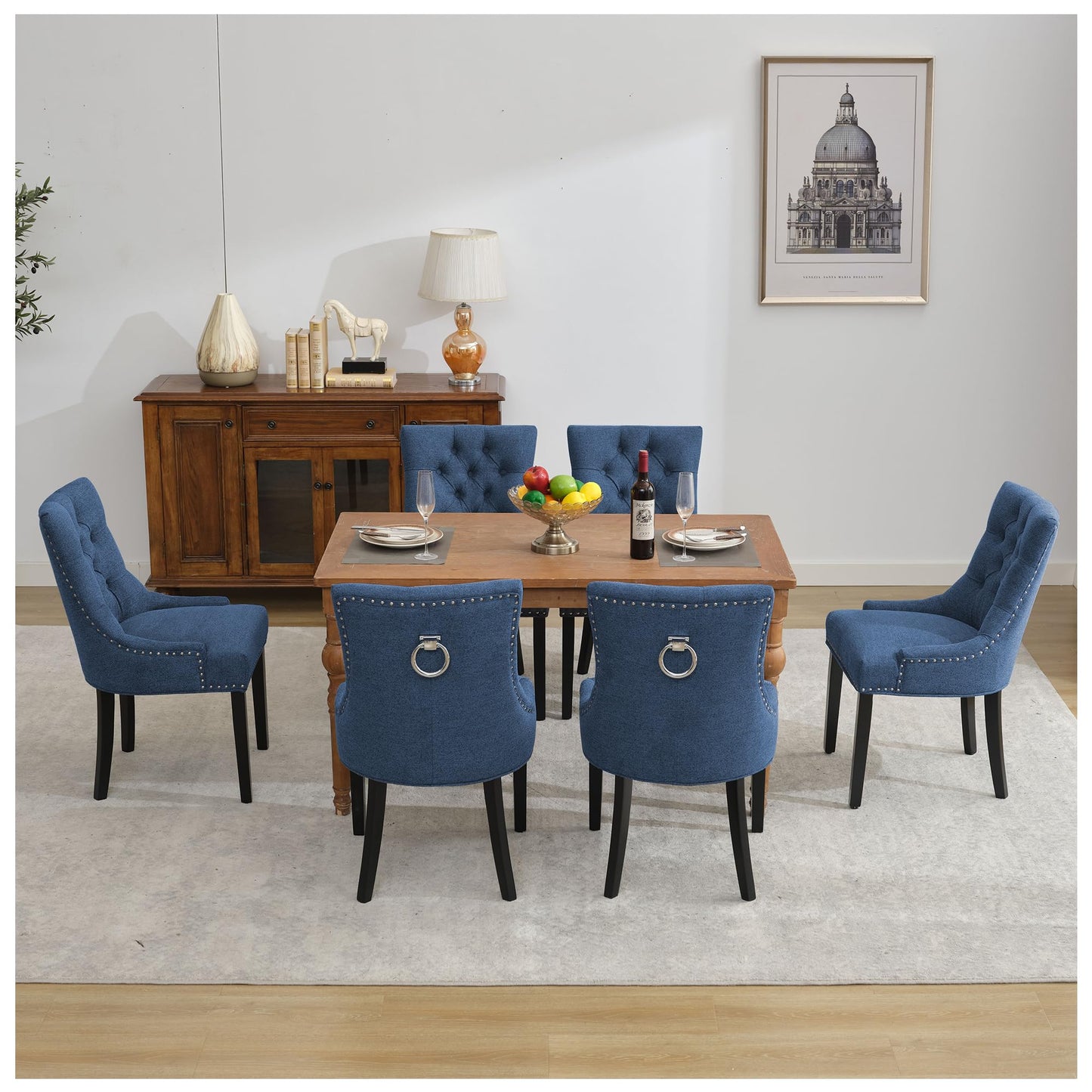 UDAX Upholstered Dining Chairs with Arms, Set of 4, Dining Room Chairs with Solid Wood Legs and Tufted Backrest(Linen+Blue)